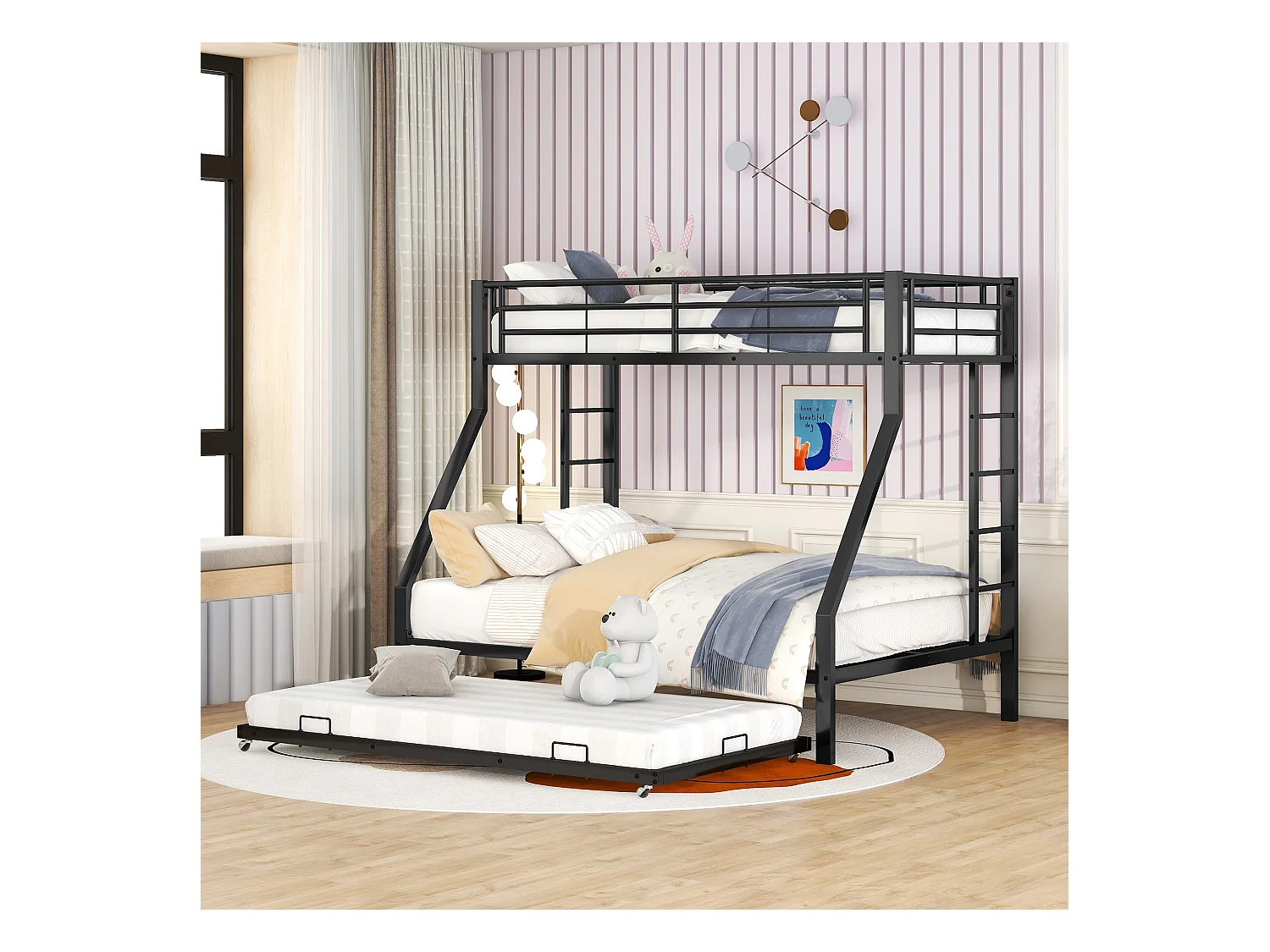 Lit superposé en métallique avec lit extensible 90(140)x200cm - lit d'adolescents avec échelle des 2 côtés pour enfants facile à monter - noir