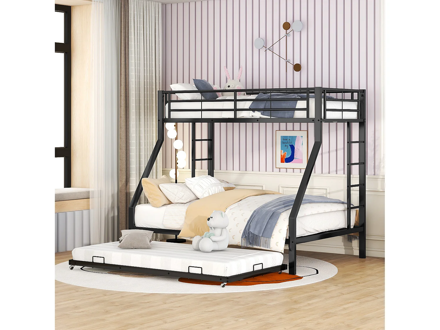 Beliche em metal com cama extensível 90(140)x200cm - cama de adolescente com escada em ambos os lados para crianças fácil de montar - preto