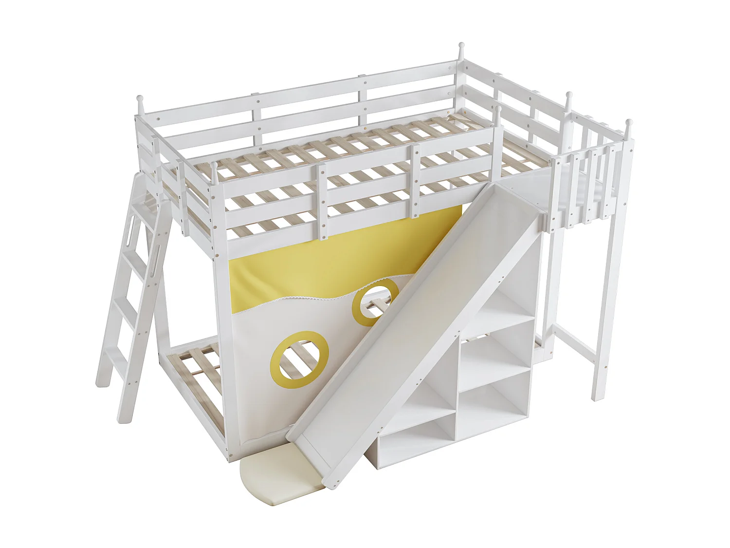 Lit superposé 90x200cm - Lit enfant en bois avec échelle, clôtures, rideau de lit, toboggan et étagère de rangement - Blanc