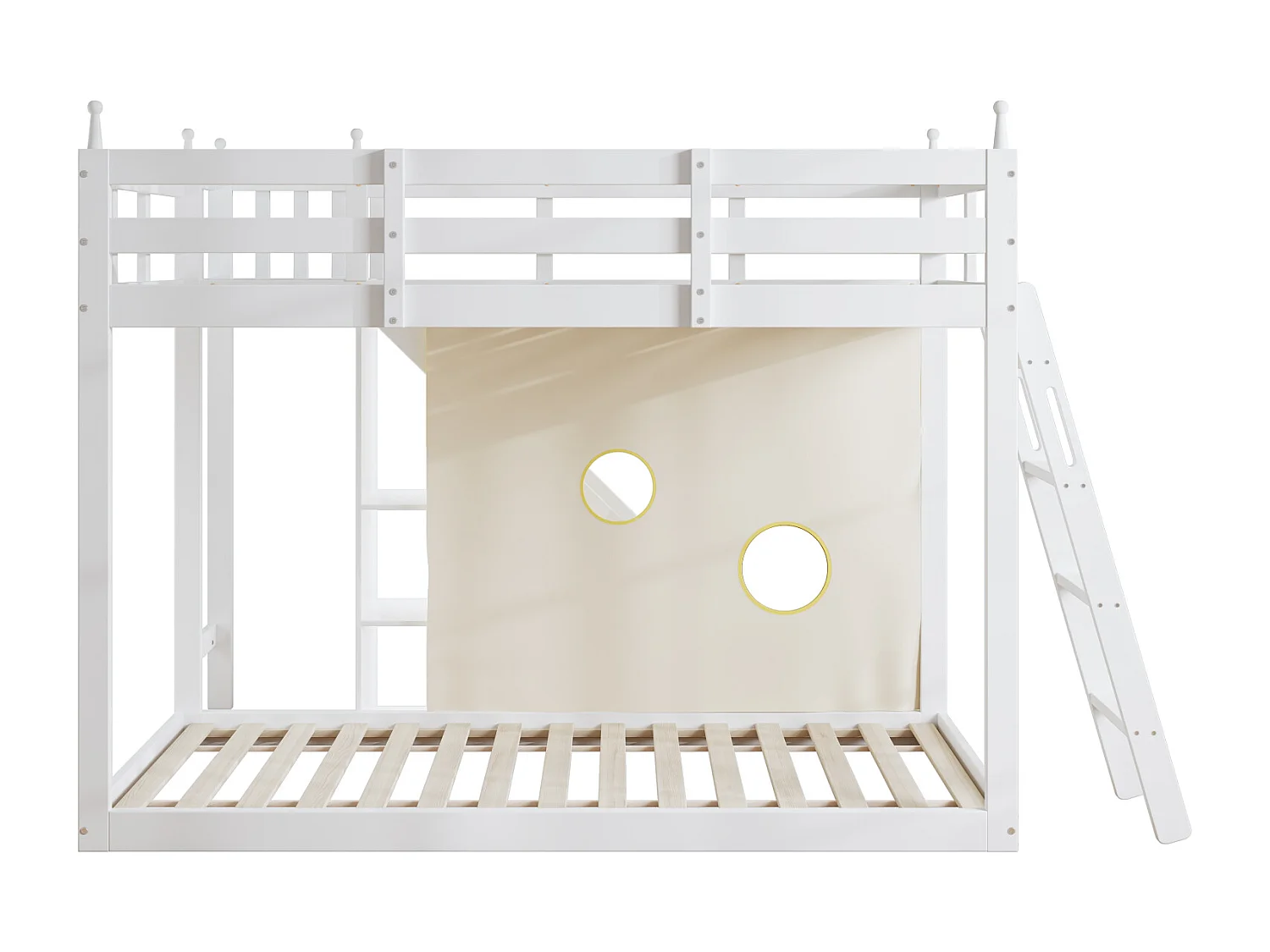 Lit superposé 90x200cm - Lit enfant en bois avec échelle, clôtures, rideau de lit, toboggan et étagère de rangement - Blanc