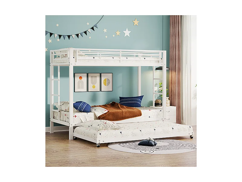 Etagenbett 90 x 200 cm, Eisenrahmen, mit Ausziehbett 90 x 190 cm, Lattenrost und 2 Leitern, EN747-zertifiziert, robust und langlebig, Weiß