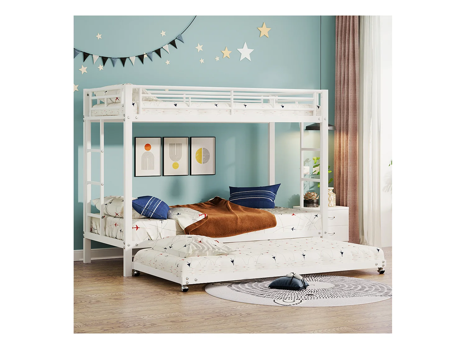 Lit superposé 90x200cm, cadre en fer, avec lit gigogne 90x190cm, sommier à lattes, et 2 échelles, certifié EN747, robuste et durable, Blanc