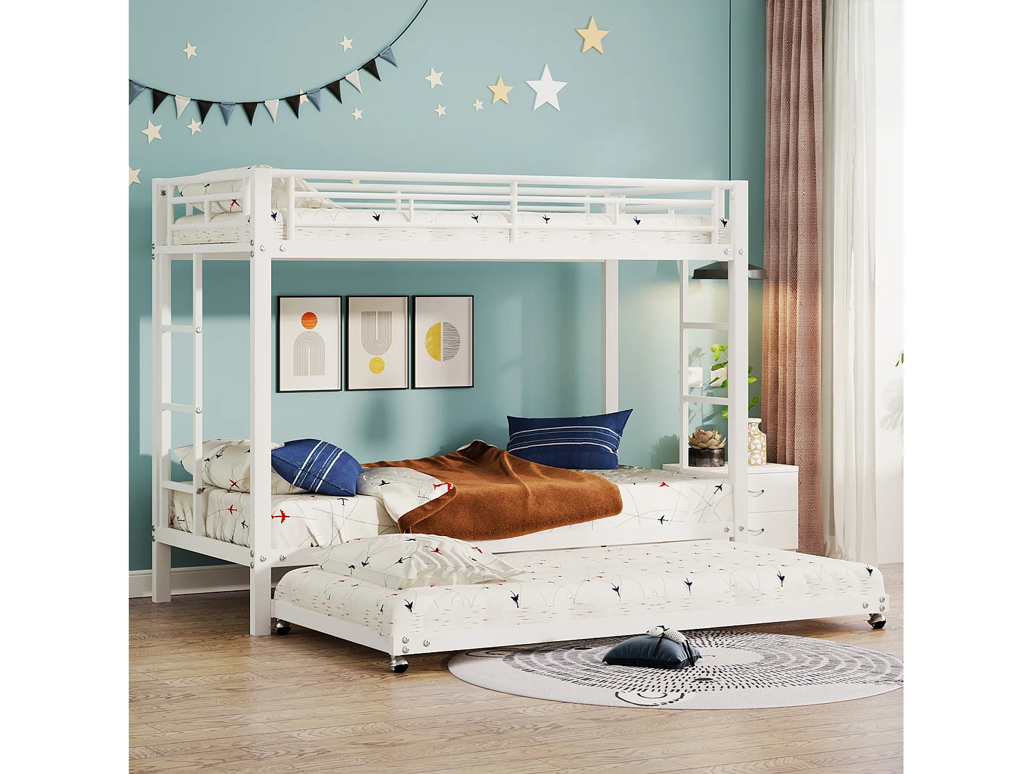 Lit superposé 90x200cm, cadre en fer, avec lit gigogne 90x190cm, sommier à lattes, et 2 échelles, certifié EN747, robuste et durable, Blanc