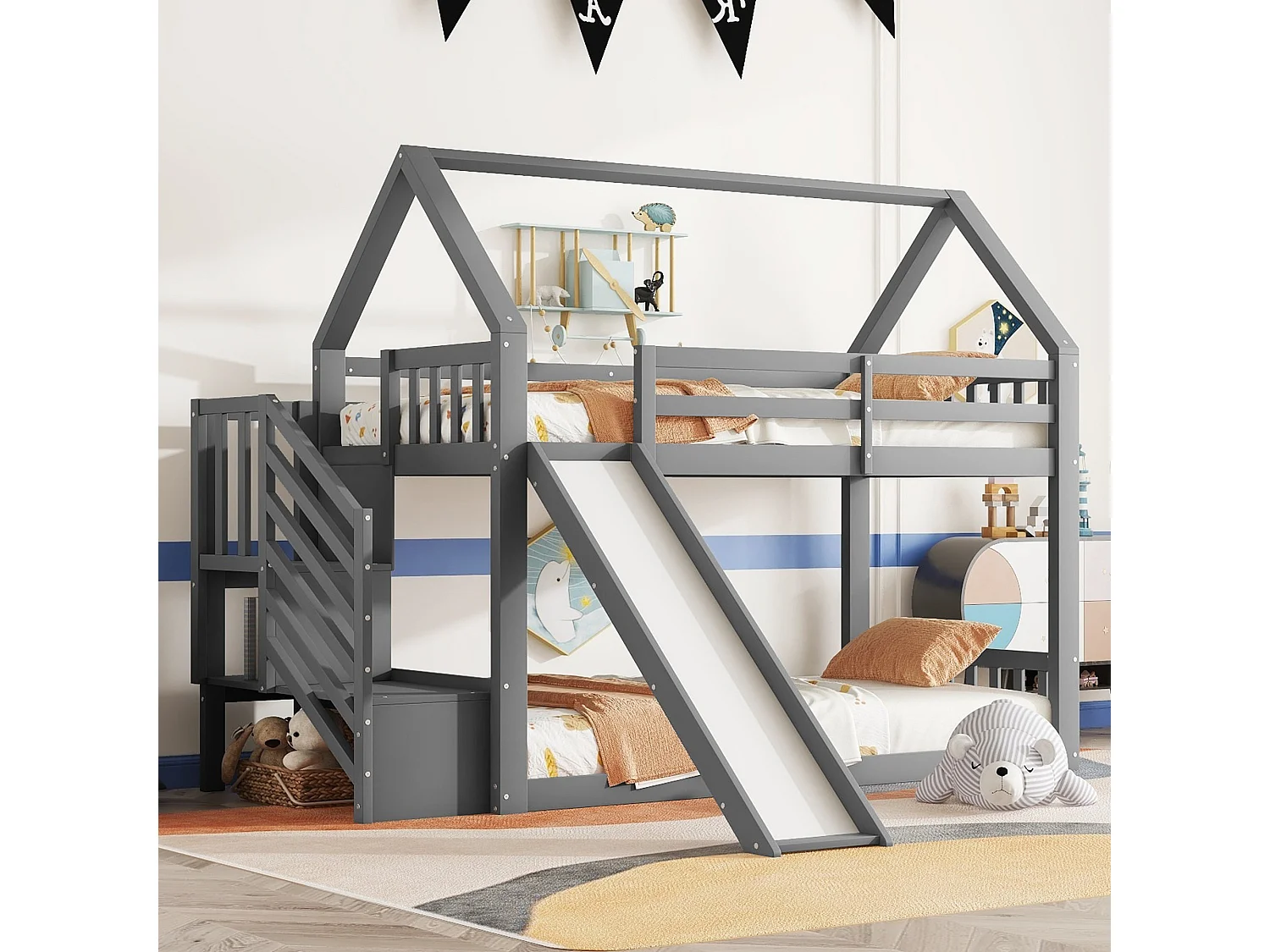 Litera de 90 x 200 cm con escalera y tobogán, cama casita, cama infantil con barandilla, cama tipo cabina (gris)