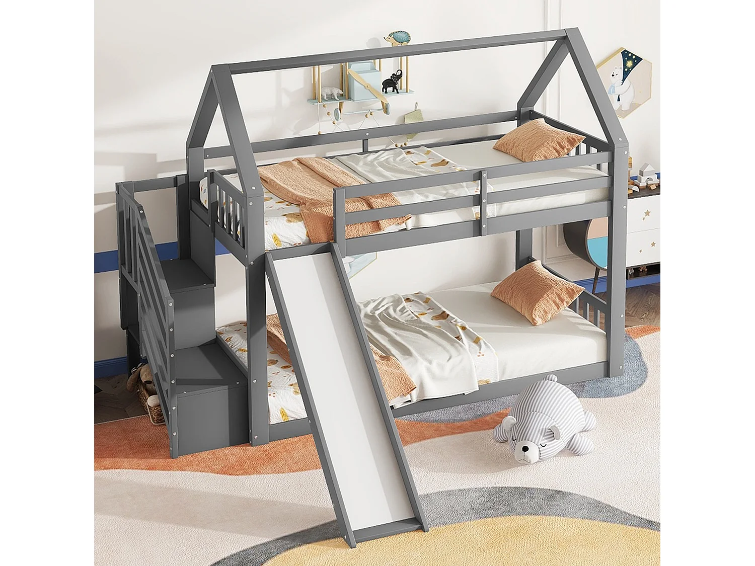 Litera de 90 x 200 cm con escalera y tobogán, cama casita, cama infantil con barandilla, cama tipo cabina (gris)