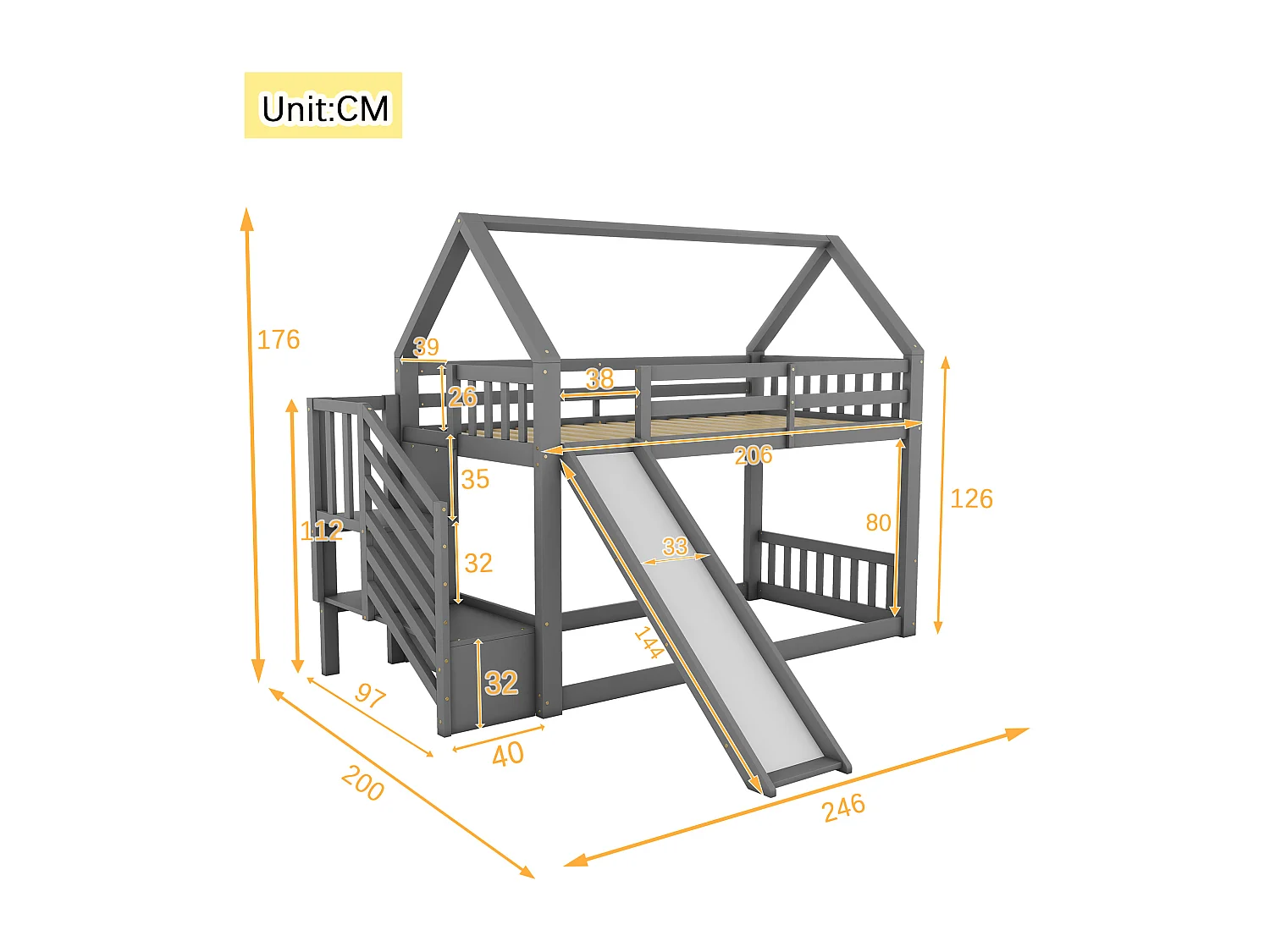 Litera de 90 x 200 cm con escalera y tobogán, cama casita, cama infantil con barandilla, cama tipo cabina (gris)