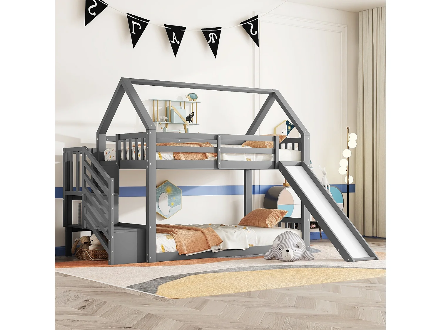 Litera de 90 x 200 cm con escalera y tobogán, cama casita, cama infantil con barandilla, cama tipo cabina (gris)