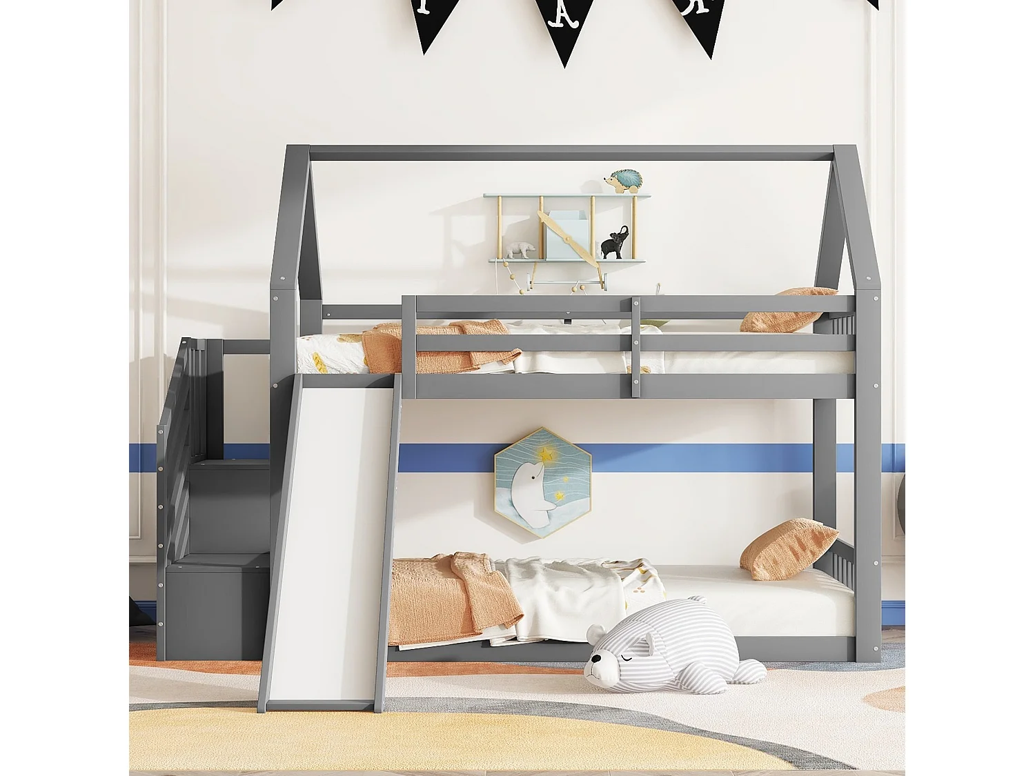 Litera de 90 x 200 cm con escalera y tobogán, cama casita, cama infantil con barandilla, cama tipo cabina (gris)