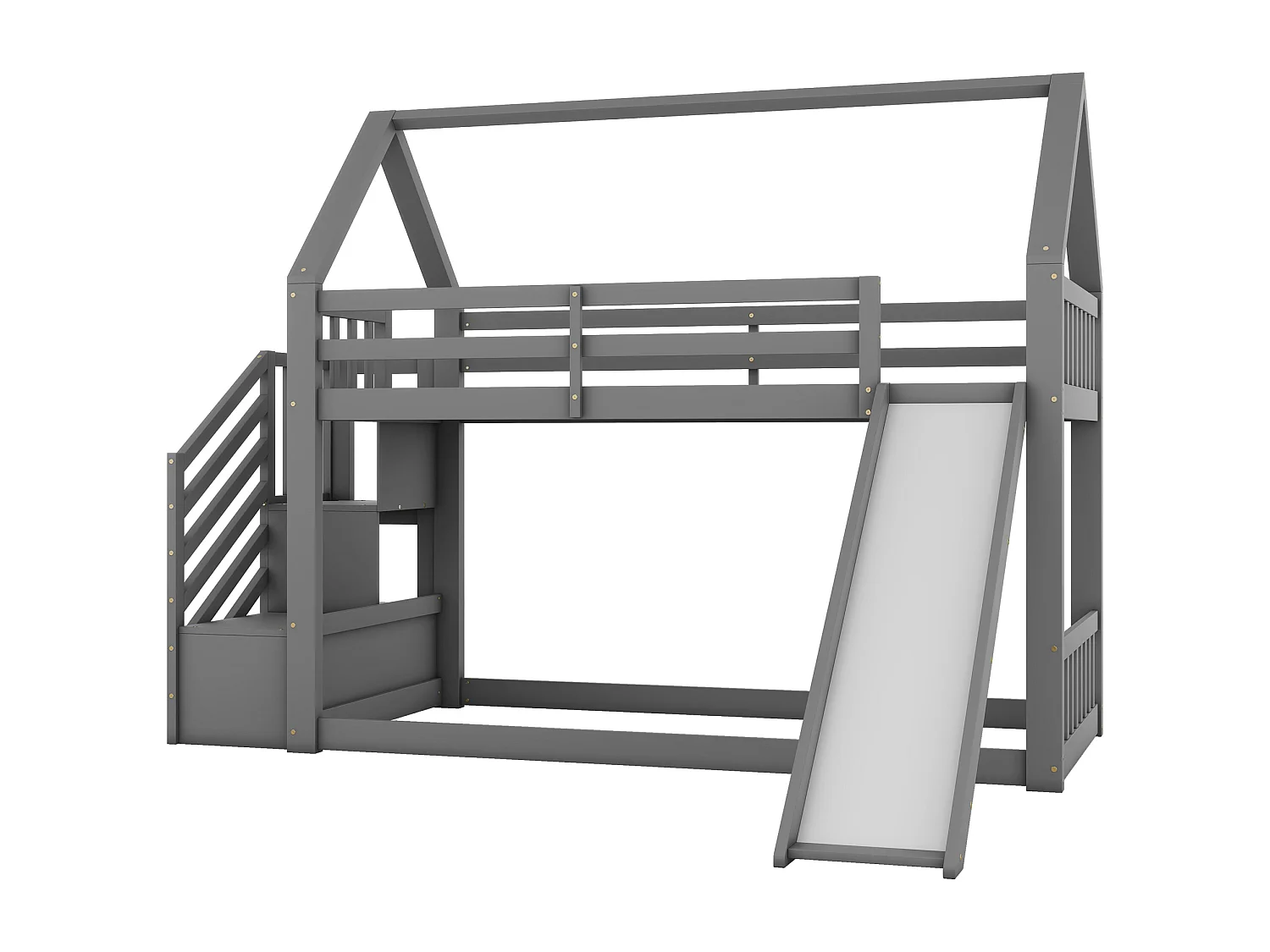 Litera de 90 x 200 cm con escalera y tobogán, cama casita, cama infantil con barandilla, cama tipo cabina (gris)