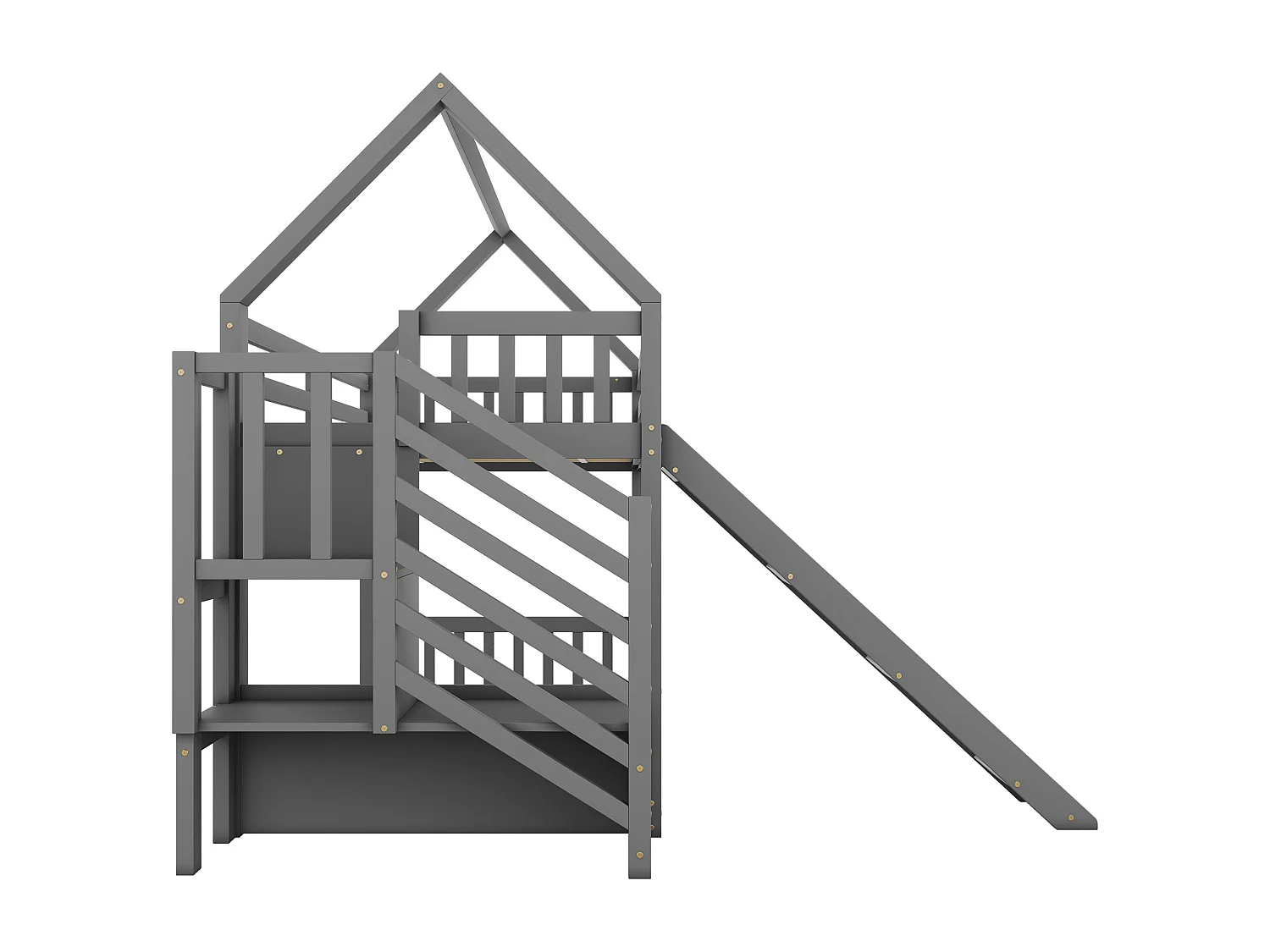 Litera de 90 x 200 cm con escalera y tobogán, cama casita, cama infantil con barandilla, cama tipo cabina (gris)