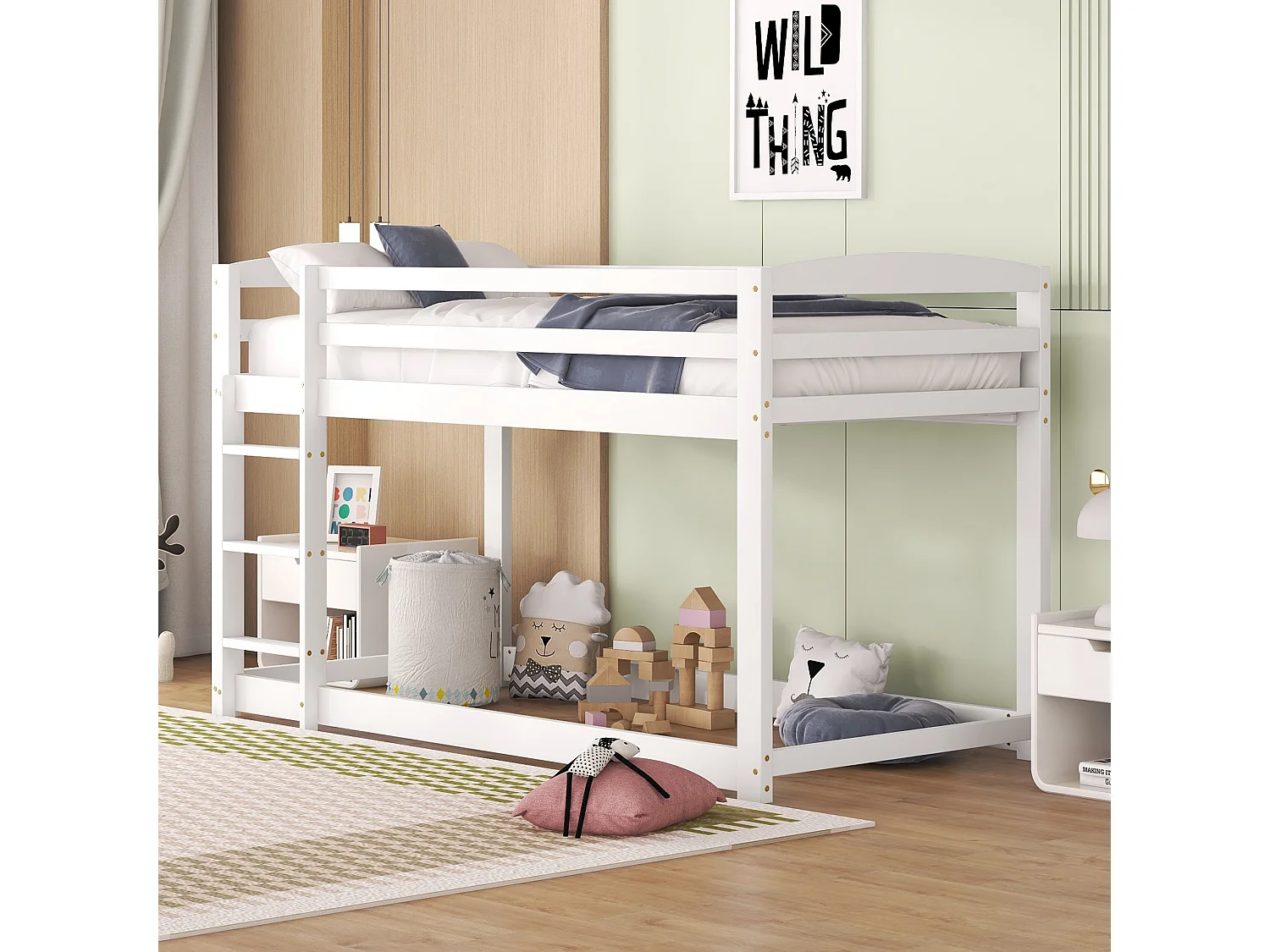 Etagenbett 90x200cm, Kinderbett mit 1 x Lattenrost, Rahmen aus massivem Kiefernholz, einfacher Aufbau, weiß