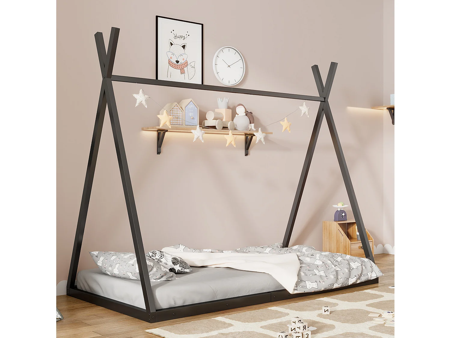 Cama cabina 90x200cm, cama infantil triangular, estructura de hierro con somier de láminas, negro