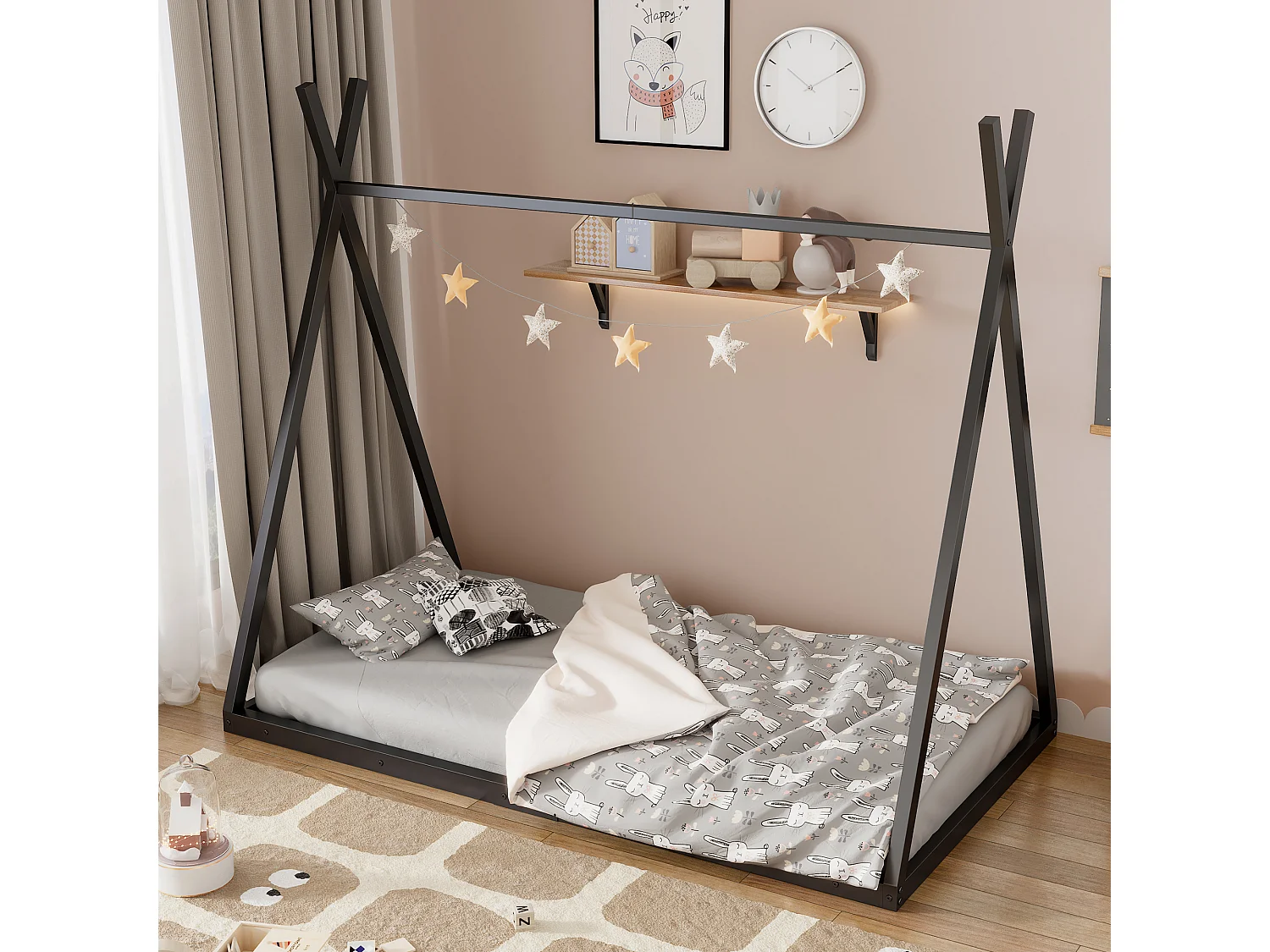 Cama cabina 90x200cm, cama infantil triangular, estructura de hierro con somier de láminas, negro