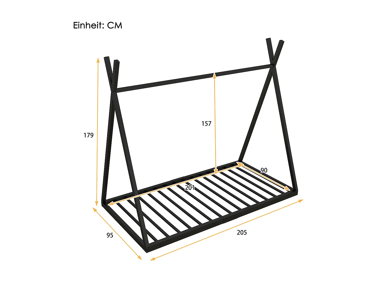 Cama cabina 90x200cm, cama infantil triangular, estructura de hierro con somier de láminas, negro