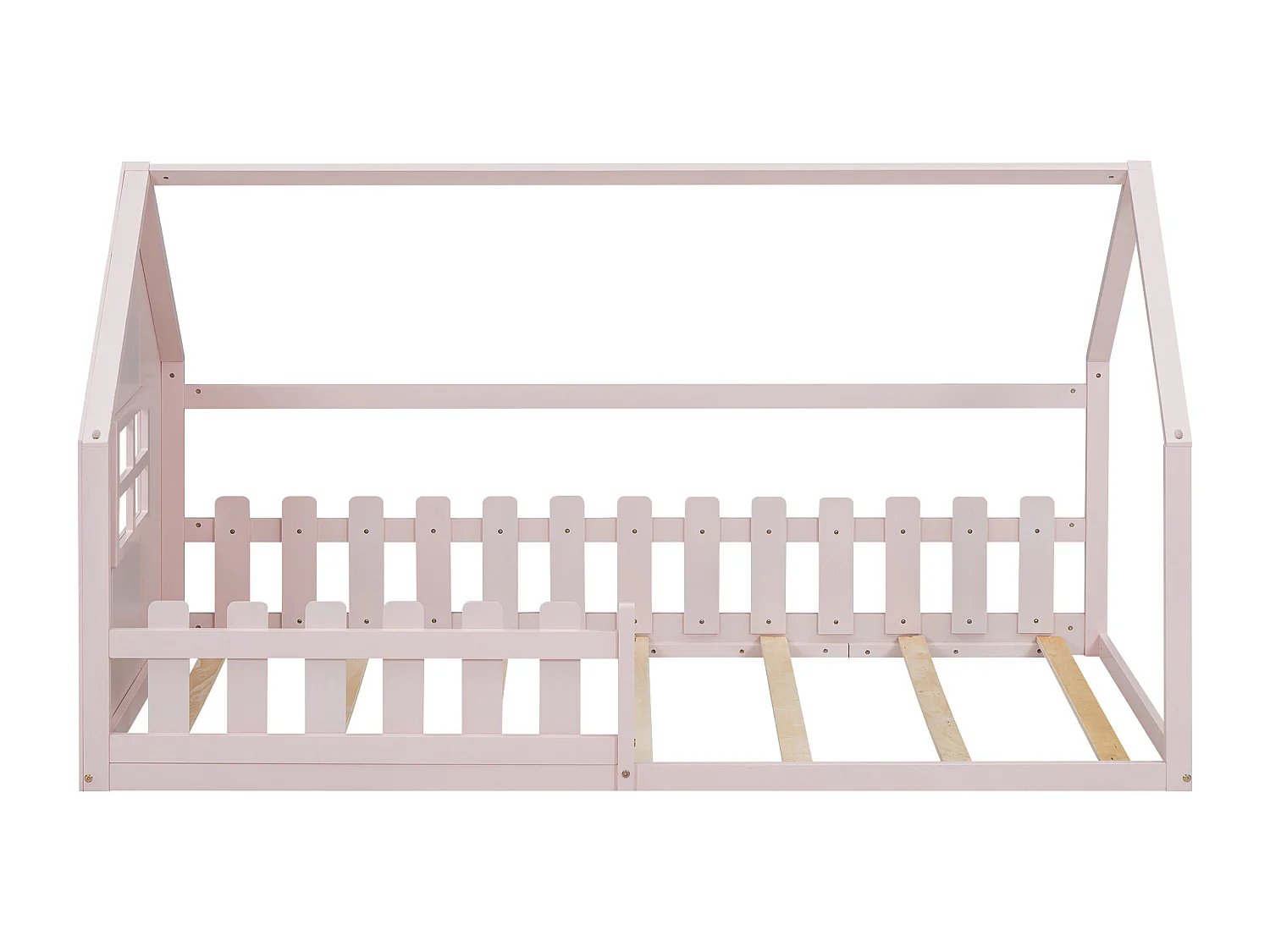 Lit cabane 90x200cm, lit plat d'enfant avec barre de maison, sommier à lattes, pin, rose
