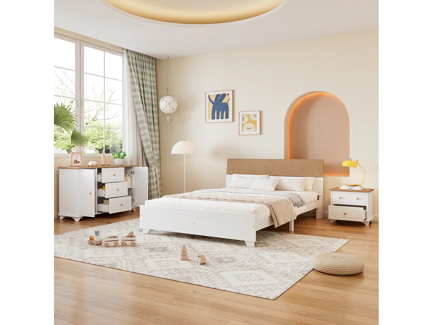 Ensemble de chambre complet, 3 morceaux. Lit double moderne + table de chevet + commode, lit double 160x200cm avec pied central, table de chevet avec 2 tiroirs