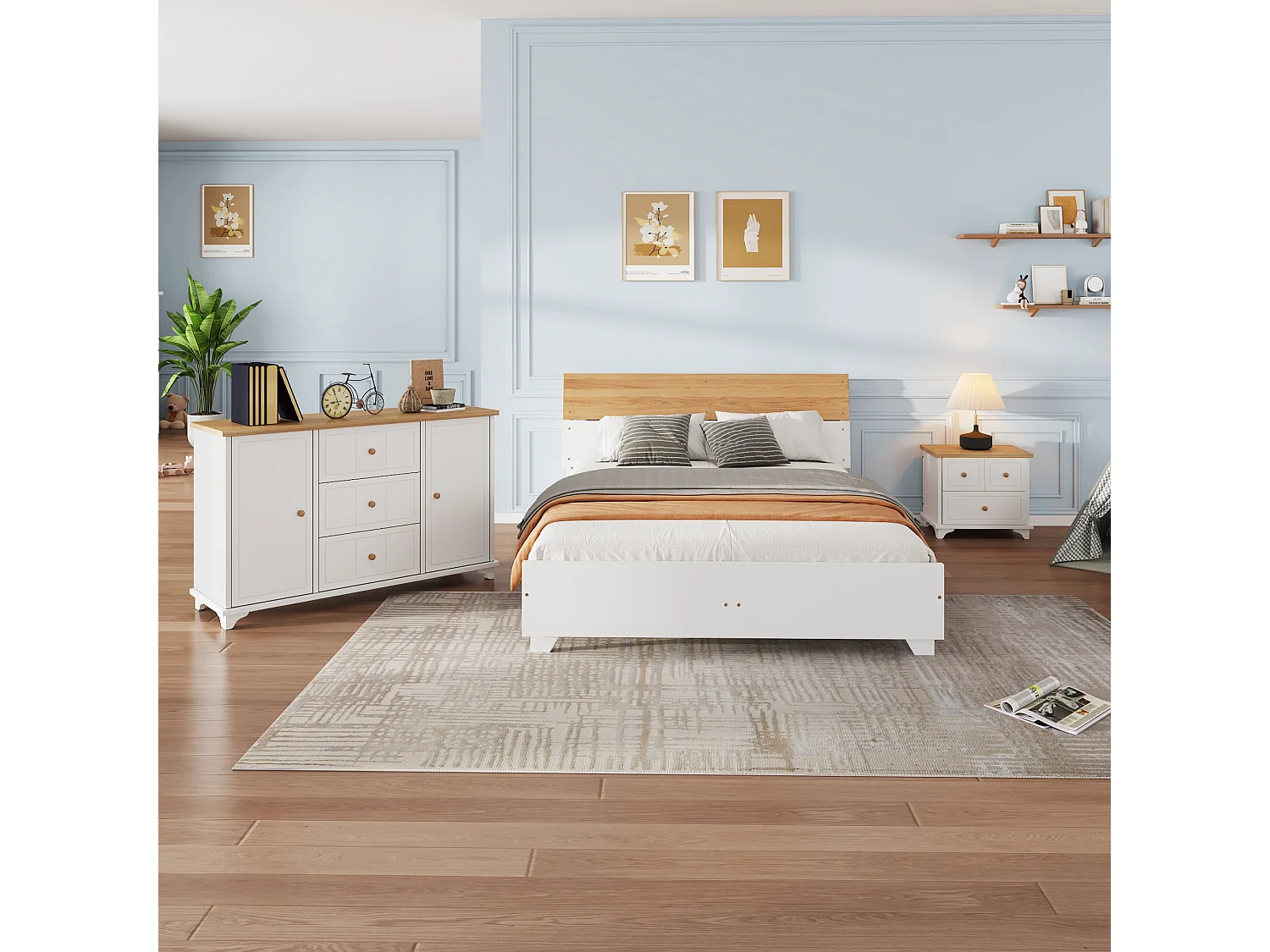 Ensemble de chambre complet, 3 morceaux. Lit double moderne + table de chevet + commode, lit double 160x200cm avec pied central, table de chevet avec 2 tiroirs