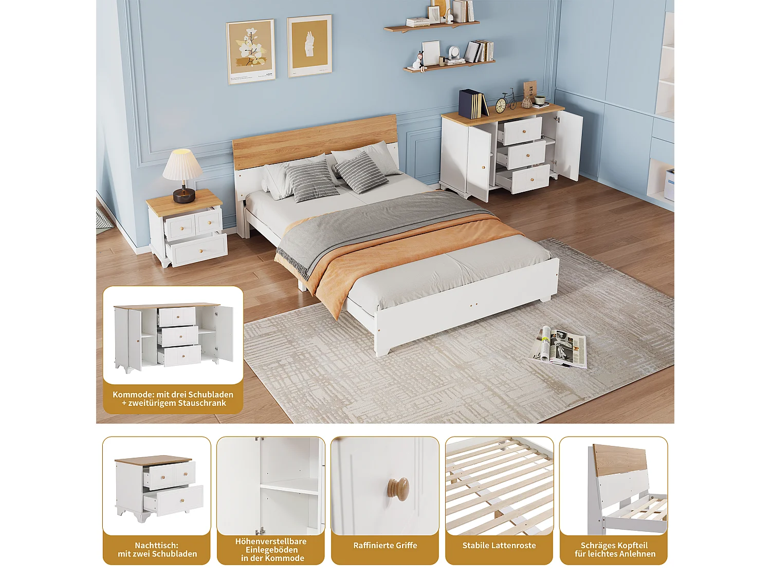 Ensemble de chambre complet, 3 morceaux. Lit double moderne + table de chevet + commode, lit double 160x200cm avec pied central, table de chevet avec 2 tiroirs