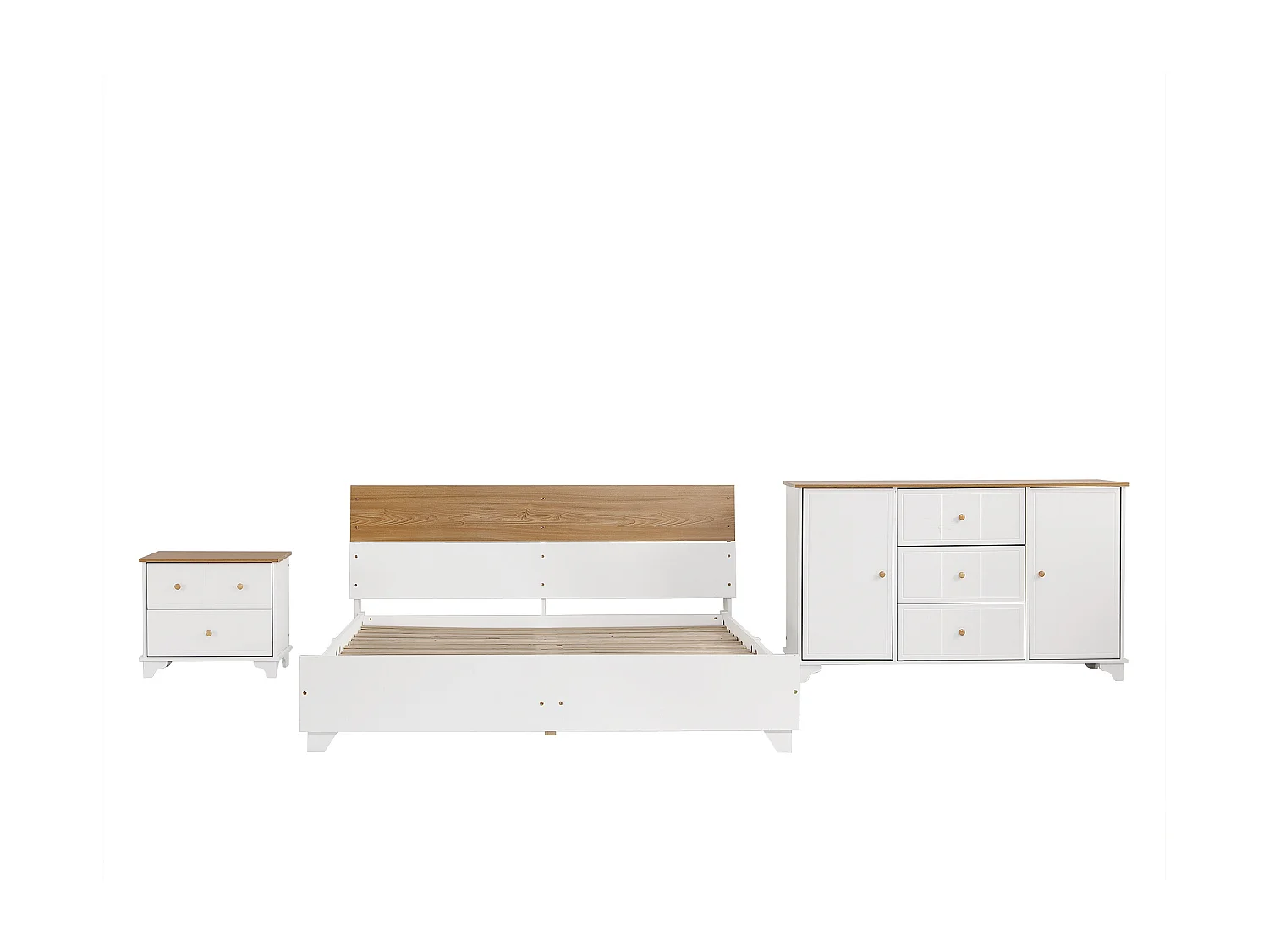 Ensemble de chambre complet, 3 morceaux. Lit double moderne + table de chevet + commode, lit double 160x200cm avec pied central, table de chevet avec 2 tiroirs