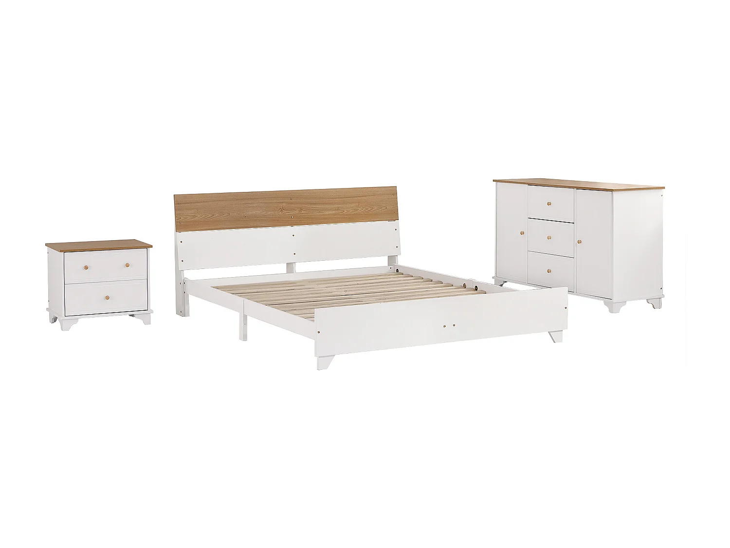 Ensemble de chambre complet, 3 morceaux. Lit double moderne + table de chevet + commode, lit double 160x200cm avec pied central, table de chevet avec 2 tiroirs