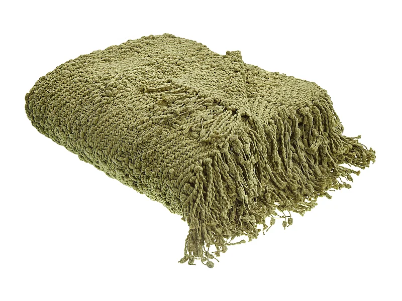 Decke Baumwolle gestrickt oliv grün mit Quasten 220 x 240 cm Kuscheldecke Vella