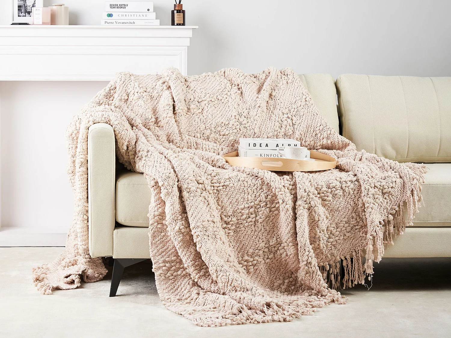 Decke Baumwolle gestrickt hellbeige mit Quasten 220 x 240 cm Kuscheldecke Vella