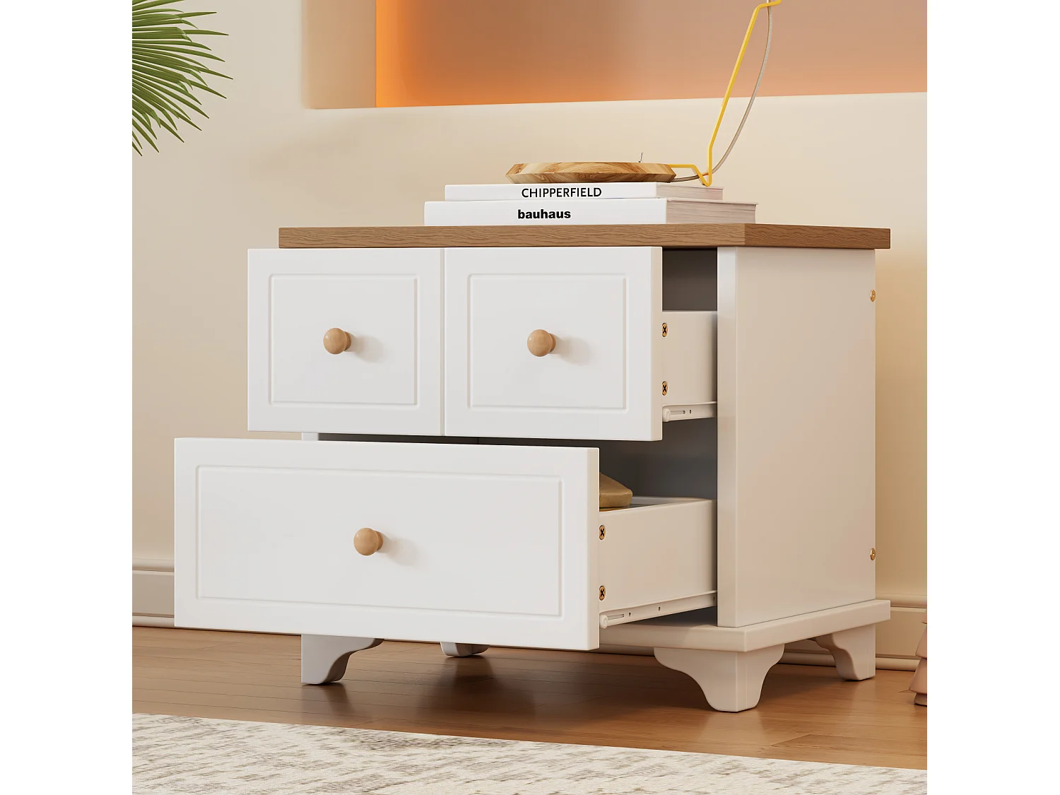 Comodino con 2 cassetti, 60x40x51,5 cm, guide silenziose, per soggiorno e camera da letto, MDF+truciolare, bianco+naturale