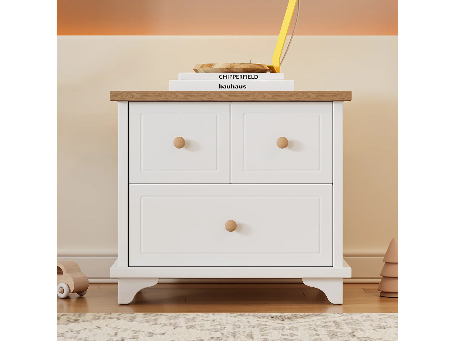 Comodino con 2 cassetti, 60x40x51,5 cm, guide silenziose, per soggiorno e camera da letto, MDF+truciolare, bianco+naturale