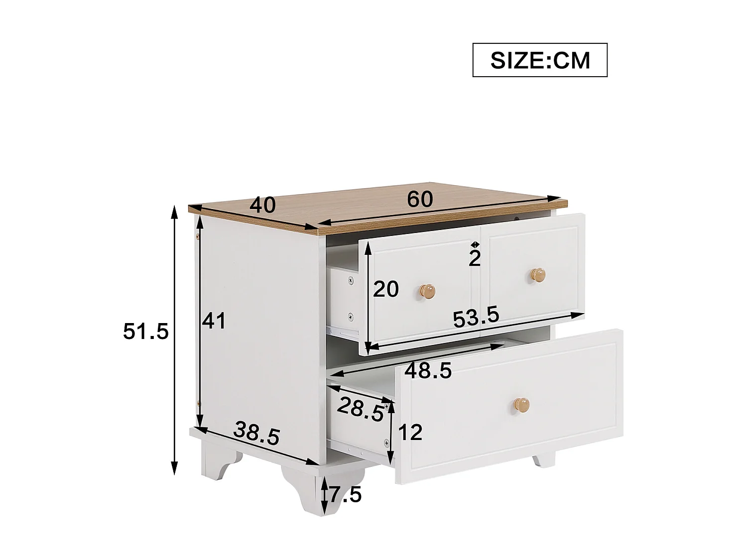 Comodino con 2 cassetti, 60x40x51,5 cm, guide silenziose, per soggiorno e camera da letto, MDF+truciolare, bianco+naturale