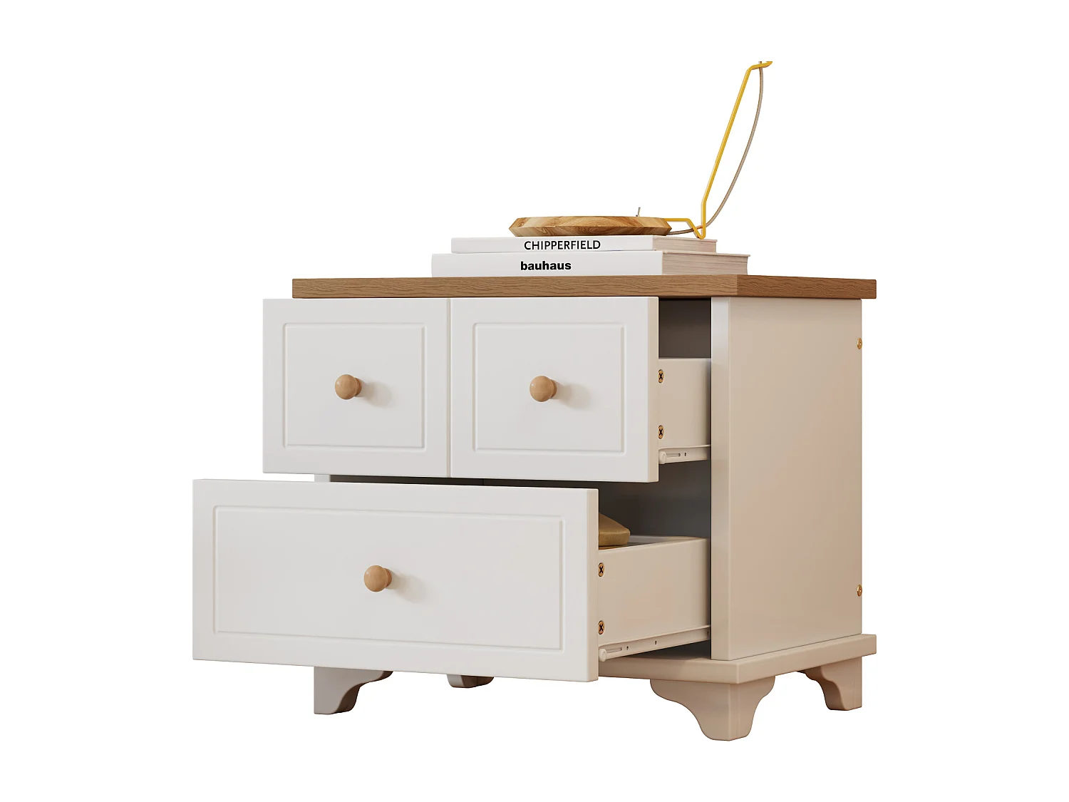 Comodino con 2 cassetti, 60x40x51,5 cm, guide silenziose, per soggiorno e camera da letto, MDF+truciolare, bianco+naturale