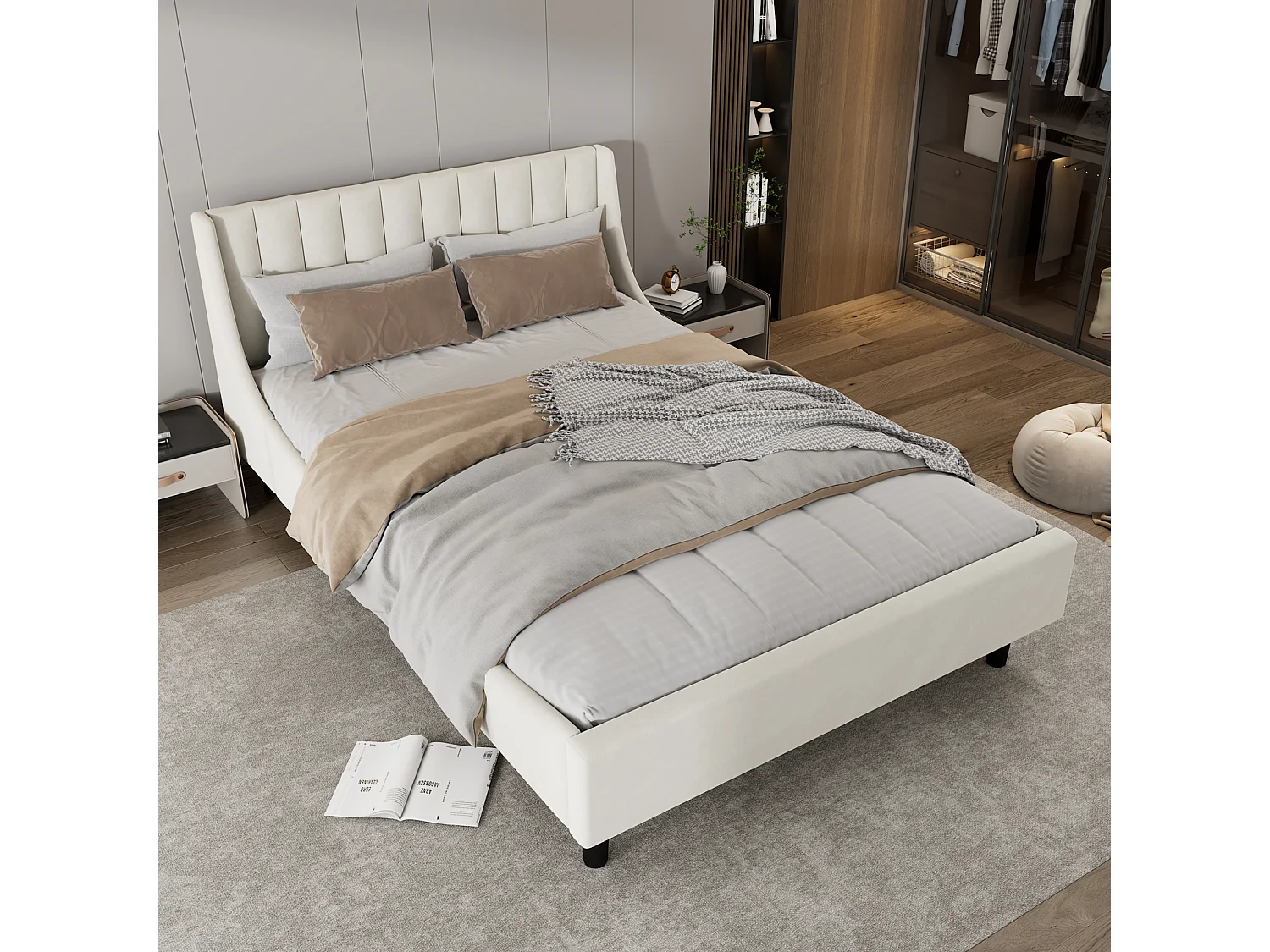 Lit adulte 140 x 200 cm, lit double, lit capitonné avec sommier à lattes, lit ado, velours, beige