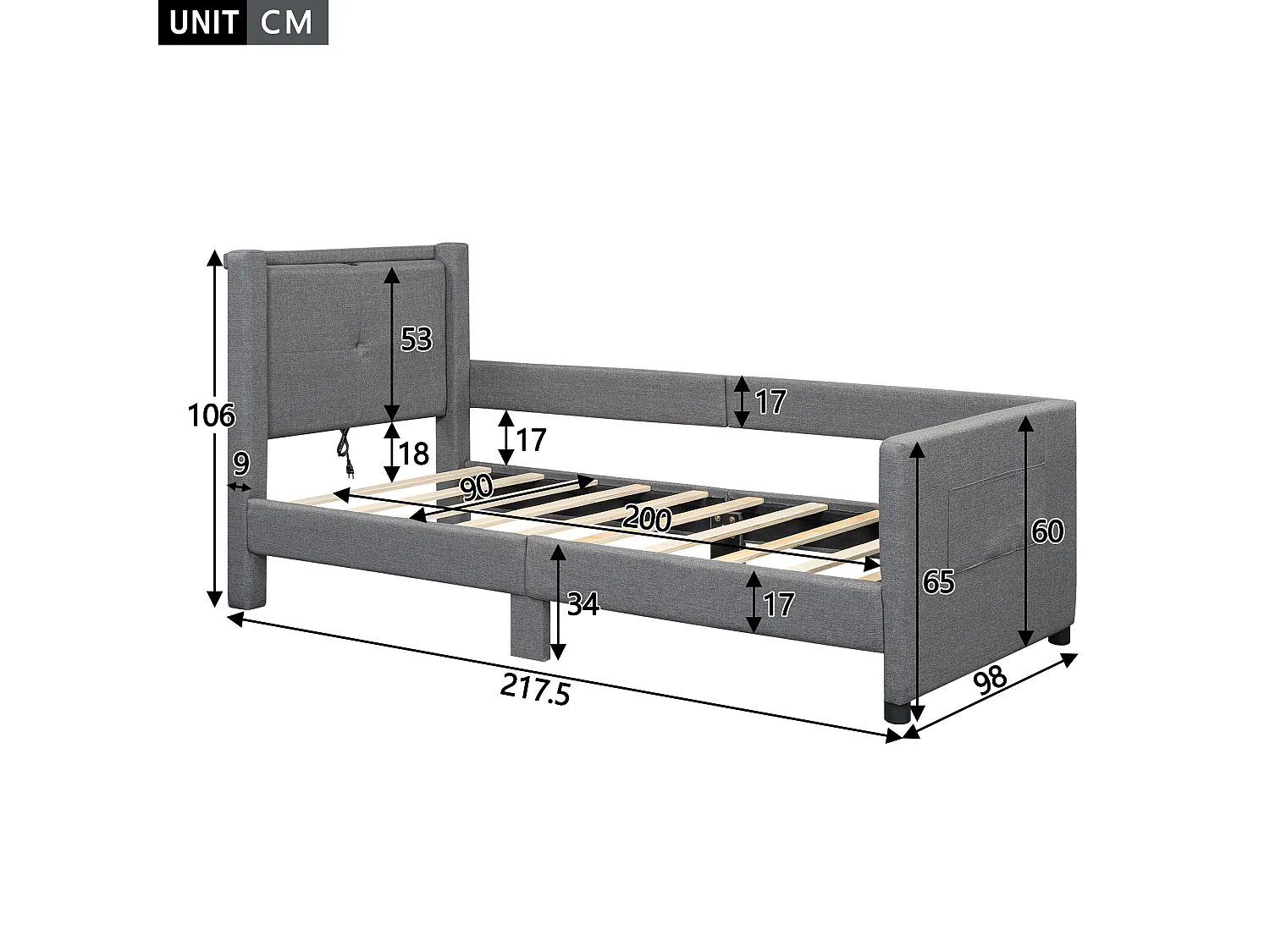 Lit simple 90x200cm, lit plat rembourré avec sommier à lattes et tête de lit avec port USB, coton et lin + MDF, gris