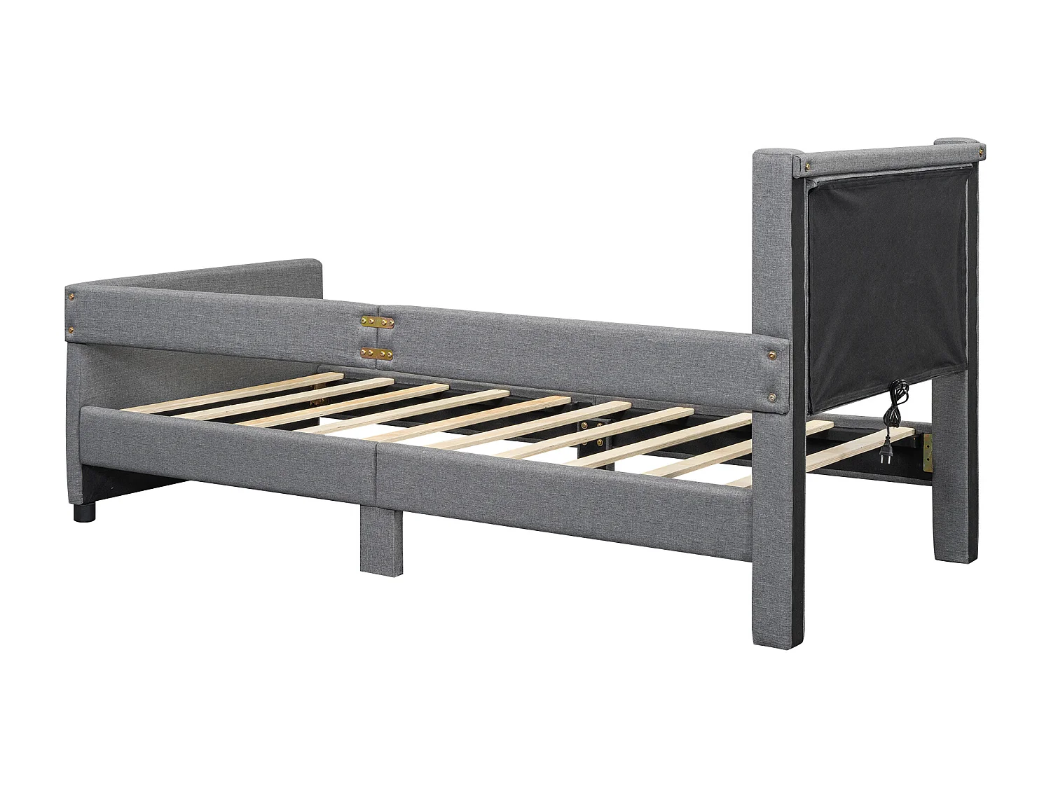 Lit simple 90x200cm, lit plat rembourré avec sommier à lattes et tête de lit avec port USB, coton et lin + MDF, gris