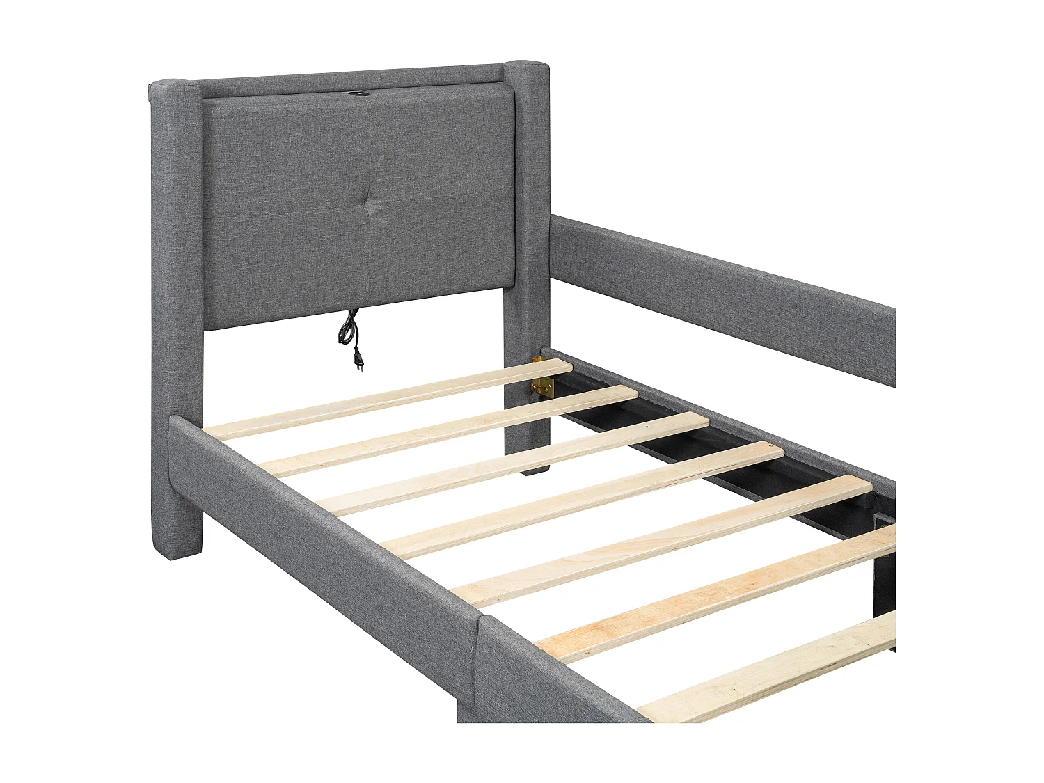 Lit simple 90x200cm, lit plat rembourré avec sommier à lattes et tête de lit avec port USB, coton et lin + MDF, gris