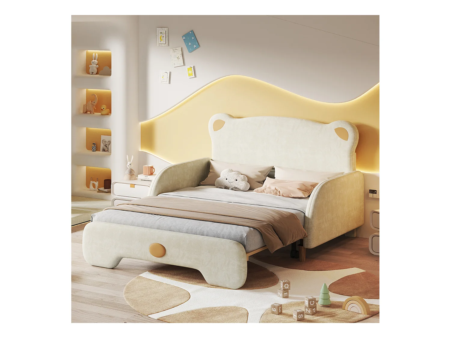 Uitschuifbed 140x110cm&140x200cm, tweepersoonsbed in de vorm van een beer. met beschermranden, witte sponsmatras, houten latten, fluweel, beige