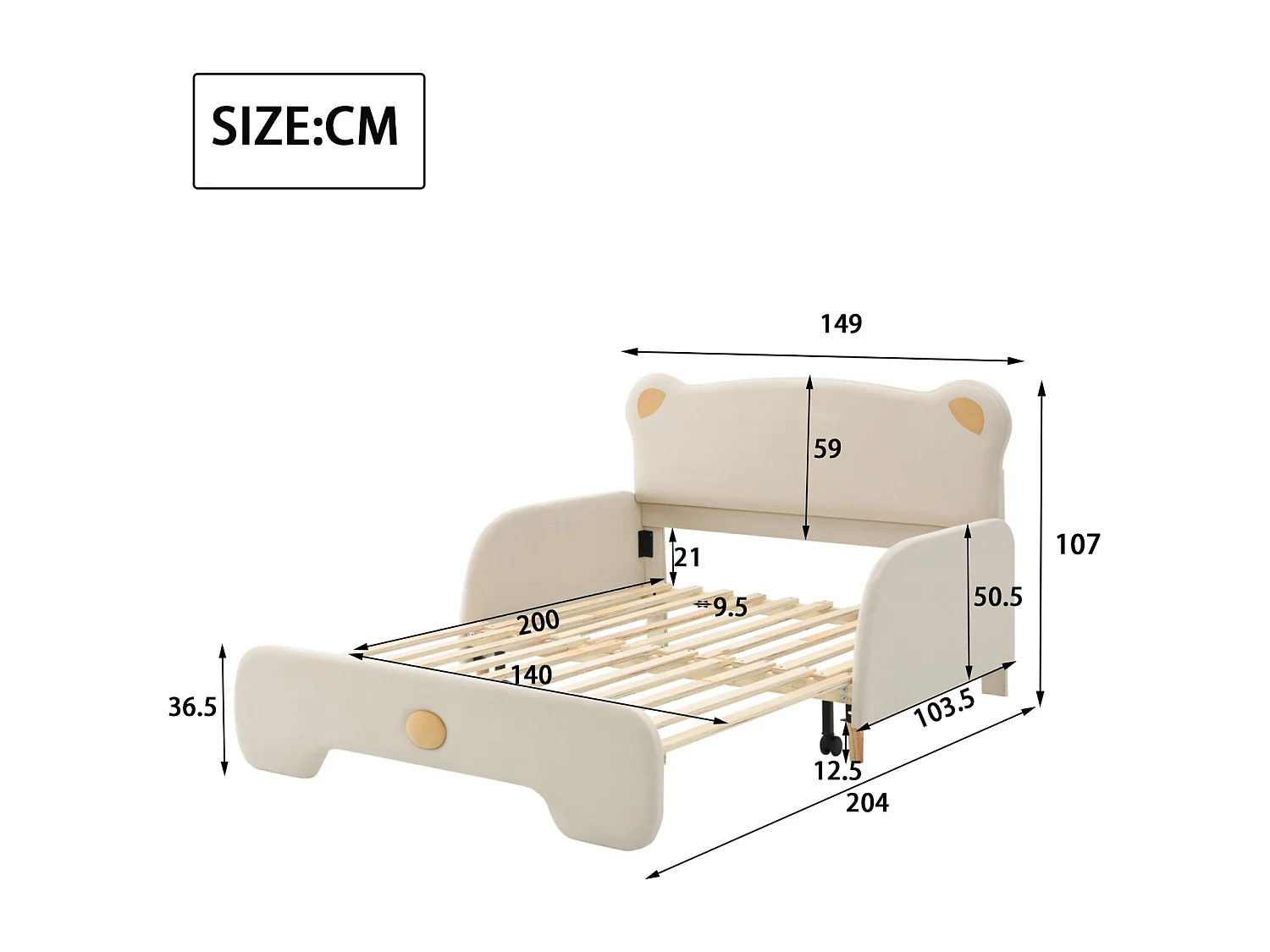 Lit gigogne 140x110cm&140x200cm, Lit double rembourré en forme d'ours. avec bords de protection, matelas en éponge blanche， lattes en bois, velours, beige