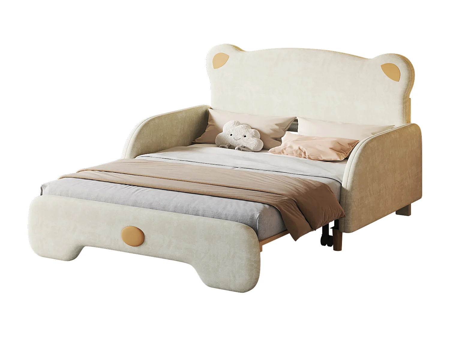 Lit gigogne 140x110cm&140x200cm, Lit double rembourré en forme d'ours. avec bords de protection, matelas en éponge blanche， lattes en bois, velours, beige