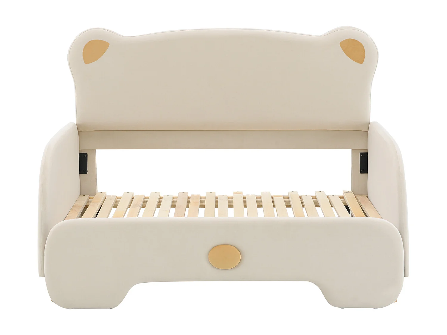 Lit gigogne 140x110cm&140x200cm, Lit double rembourré en forme d'ours. avec bords de protection, matelas en éponge blanche， lattes en bois, velours, beige