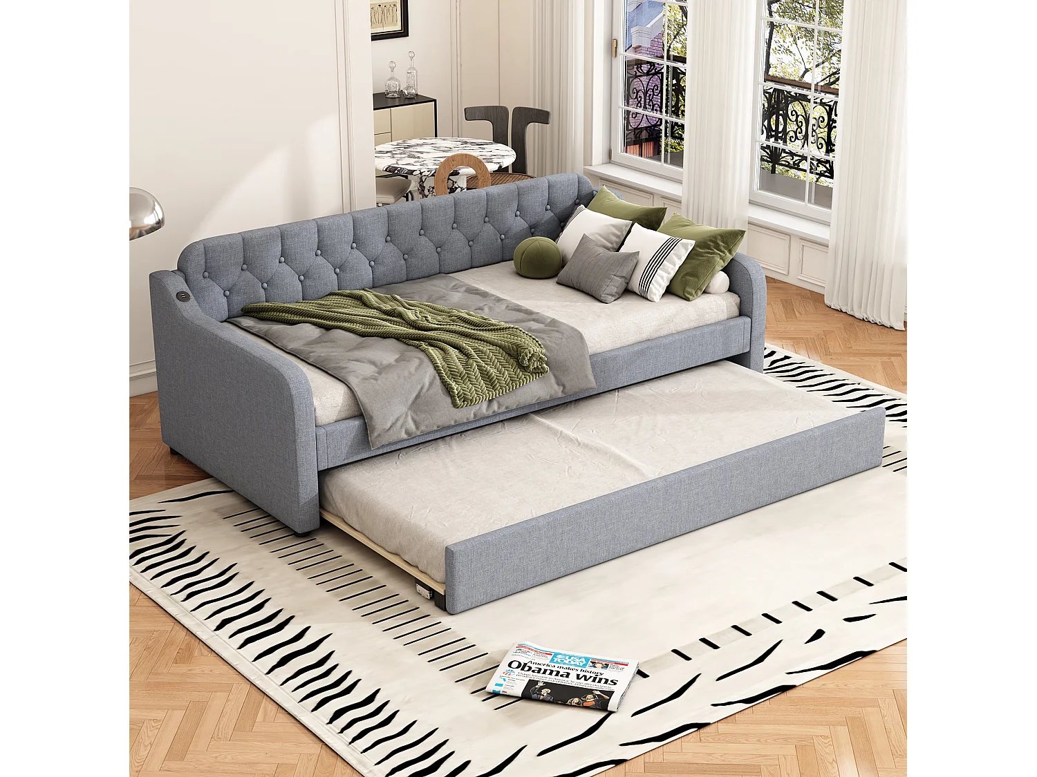 Cama de rodízio 90/180x200cm, sofá-cama extensível, chaise longue com entrada USB, sem colchão, cinzento