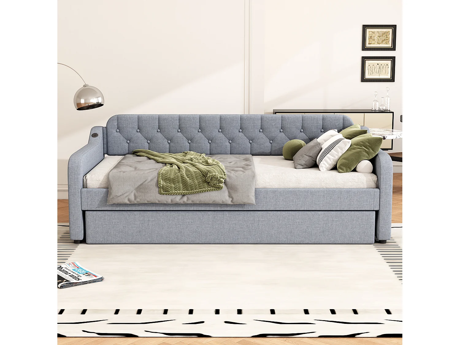 Cama de rodízio 90/180x200cm, sofá-cama extensível, chaise longue com entrada USB, sem colchão, cinzento