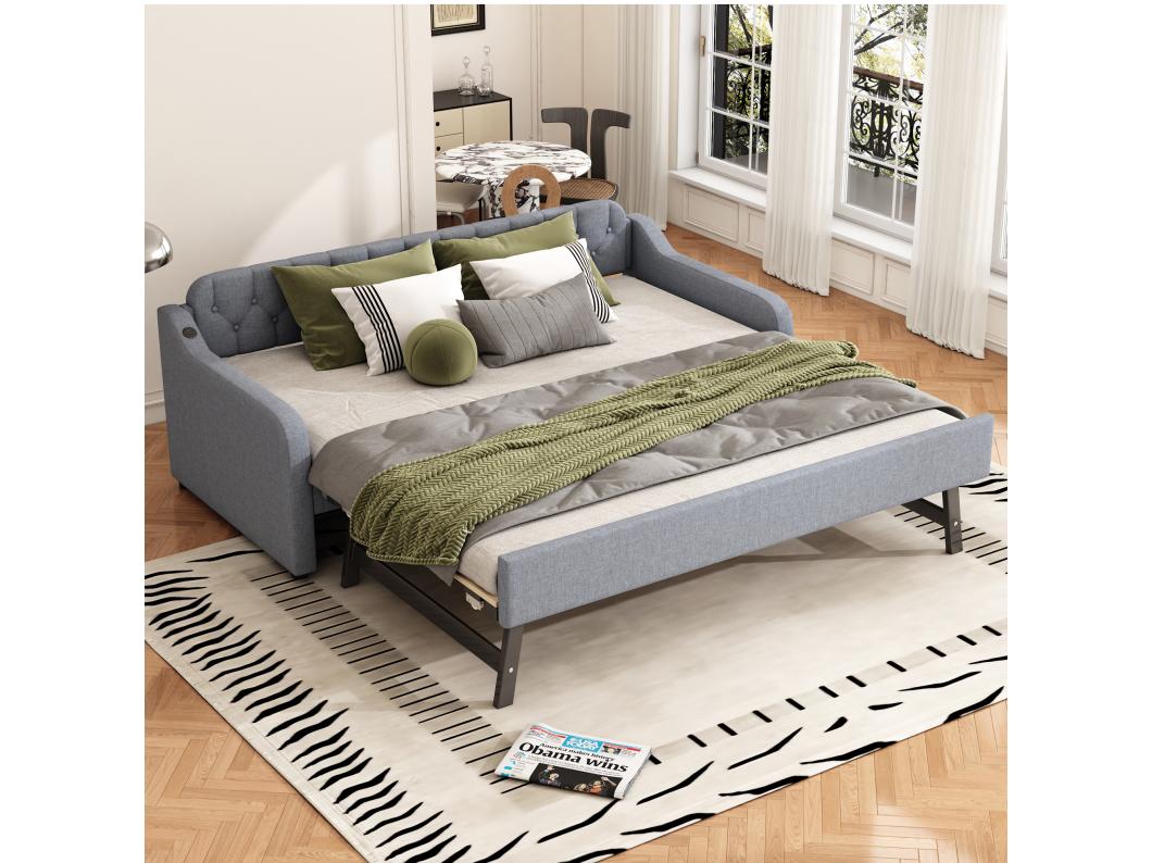 Uitschuifbed 90/180x200cm, uitschuifbare slaapbank, chaise longue met USB-aansluiting, zonder matras, grijs