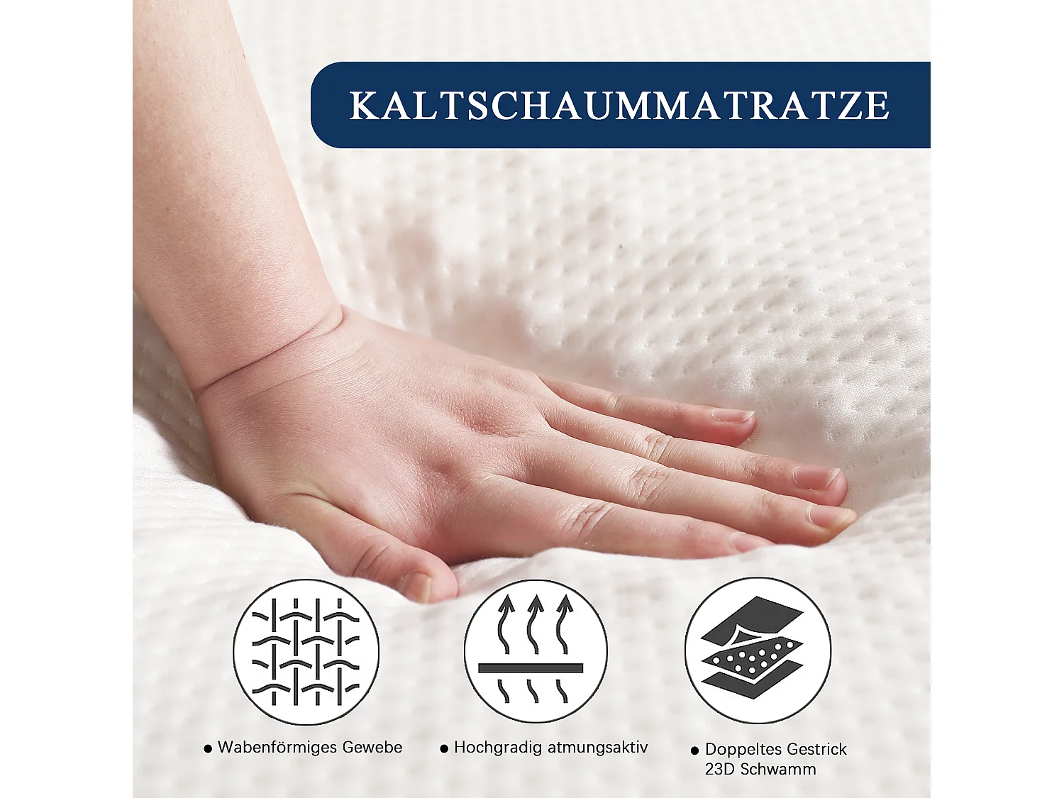 Matelas 140x200cm piable, tissu nid d'abeille, certifié Oeko-Tex, dureté H3, housse blanche + éponge 23D blanc