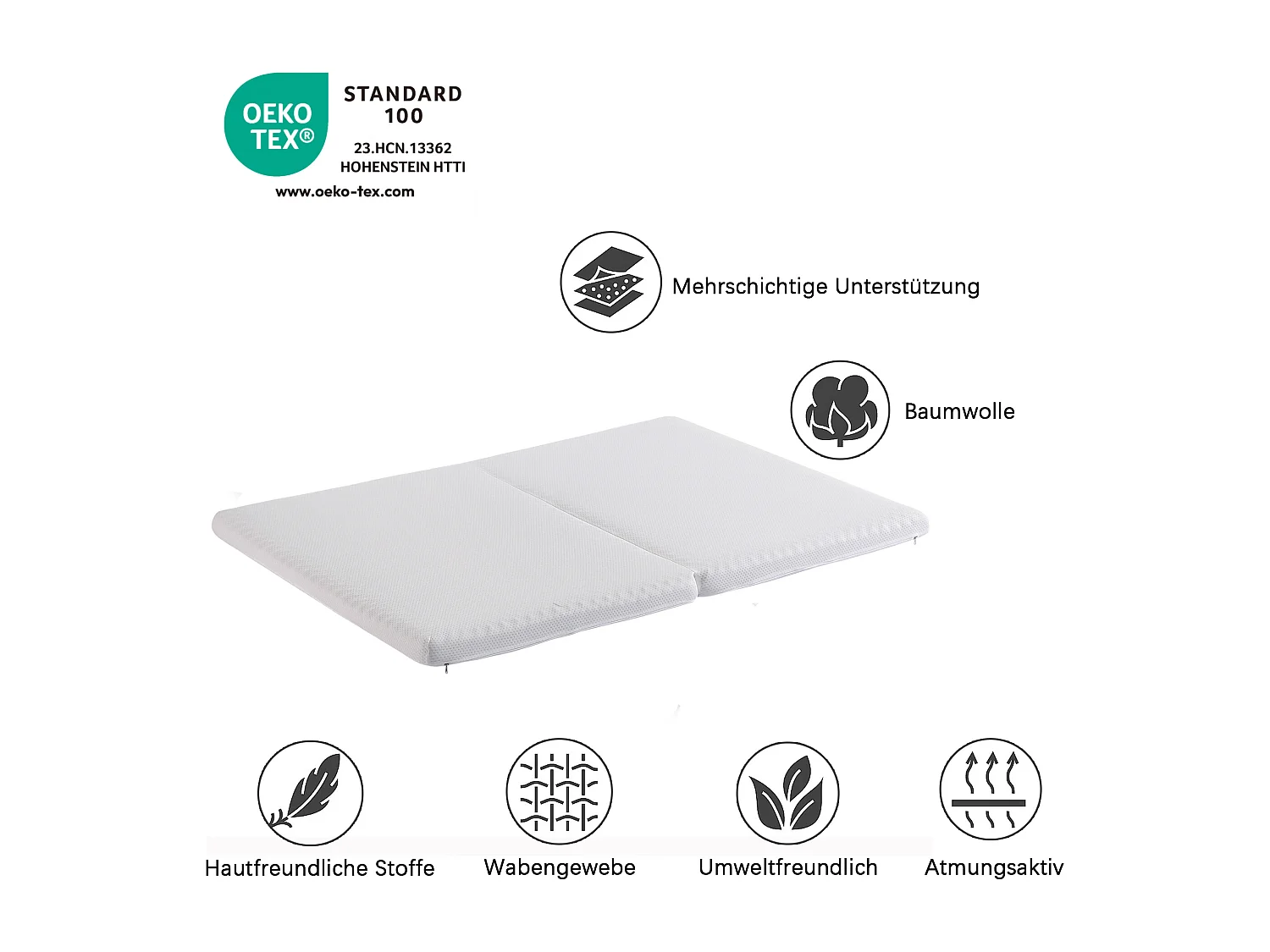 Matelas 140x200cm piable, tissu nid d'abeille, certifié Oeko-Tex, dureté H3, housse blanche + éponge 23D blanc