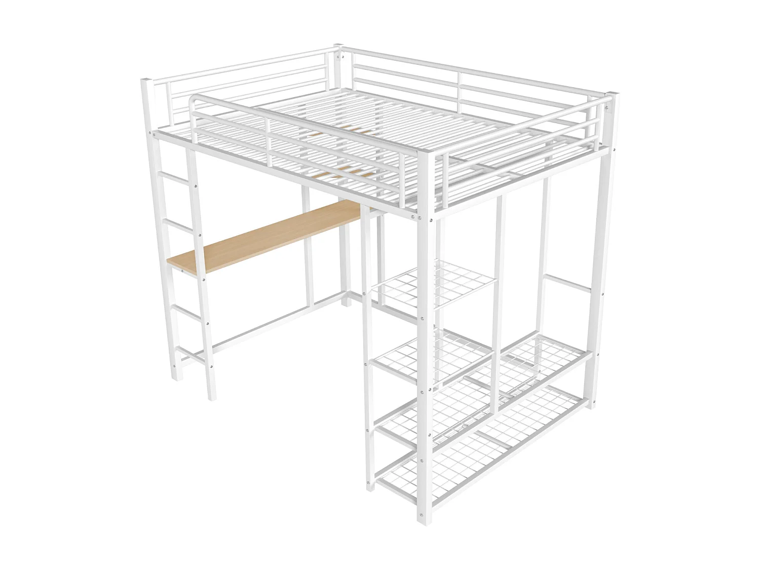 Cama alta cama de ferro/cama de metal 140*200cm cama de solteiro infantil com compartimento de arrumação mesa e base de ripas, branca