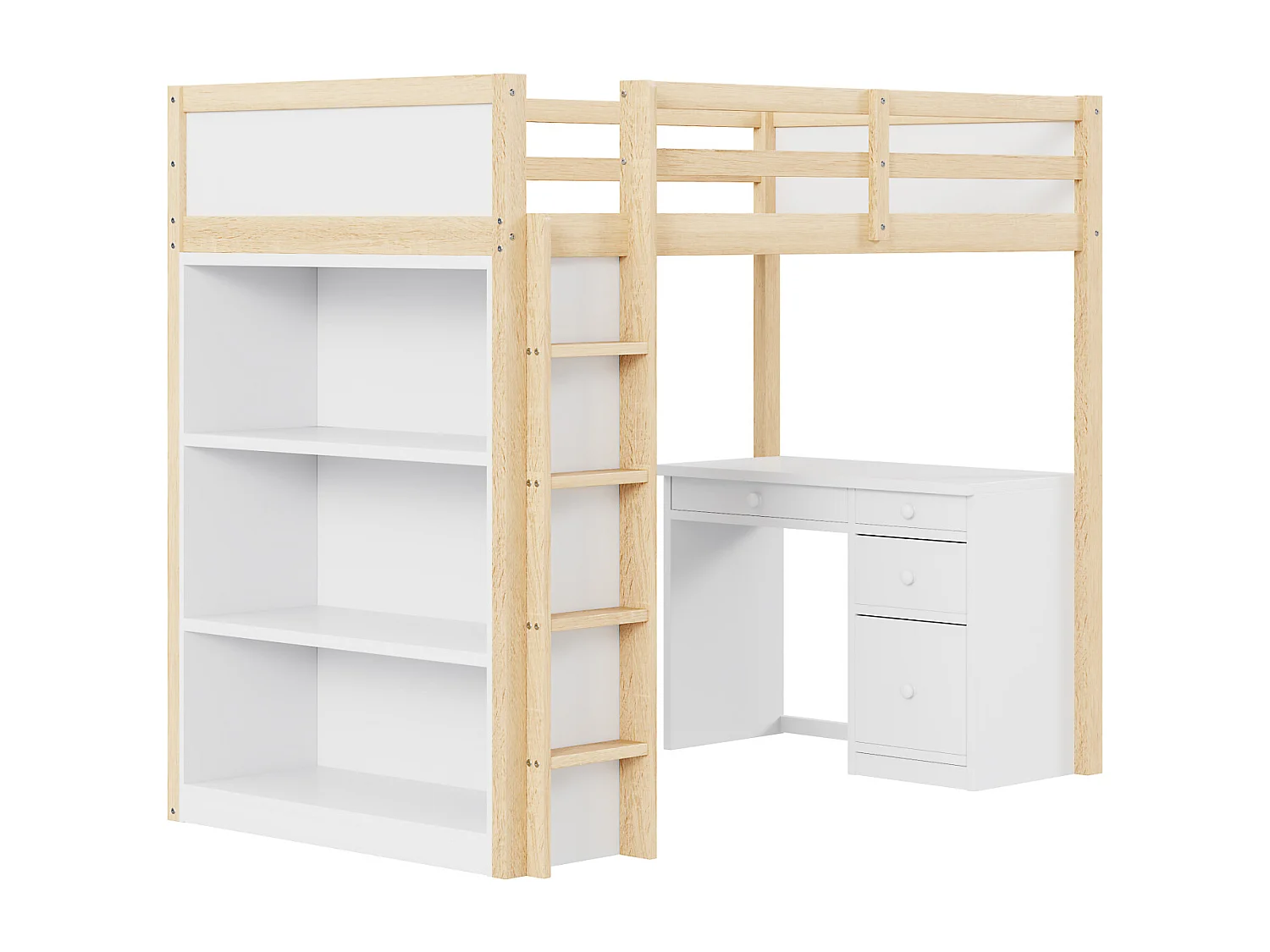 Lit mezzanine 90 x 200 cm avec armoires de rangement et table d'ordinateur, lit mezzanine enfant multifonctionnel en bois naturel