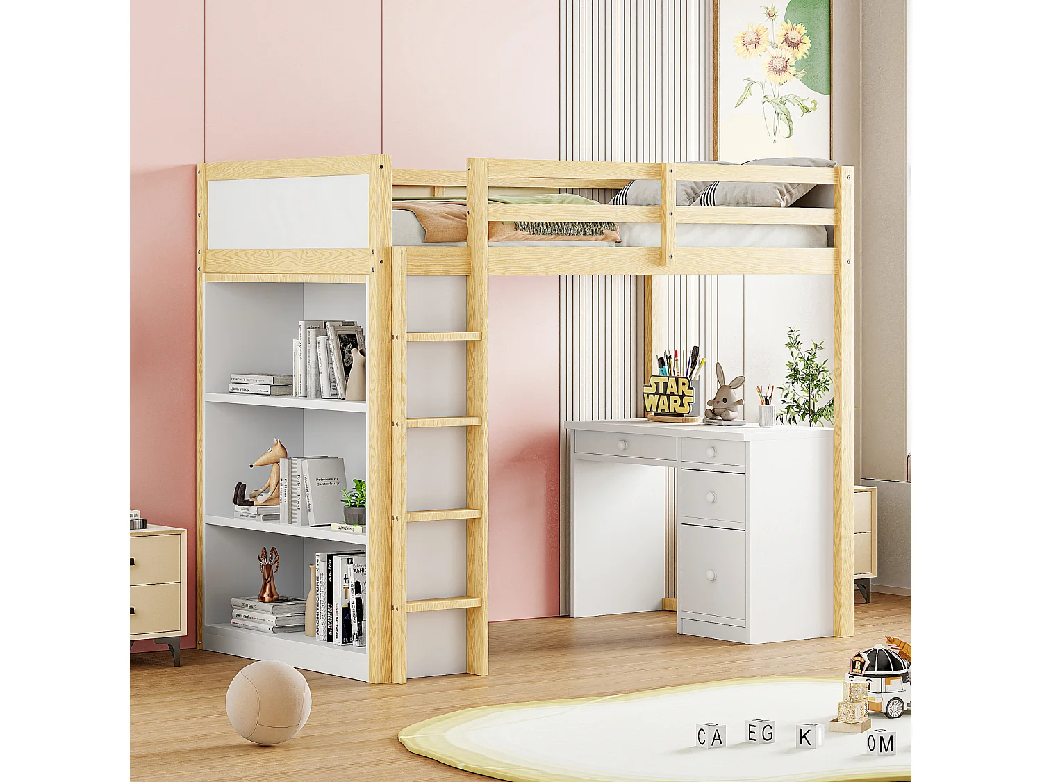 Lit mezzanine 90 x 200 cm avec armoires de rangement et table d'ordinateur, lit mezzanine enfant multifonctionnel en bois naturel