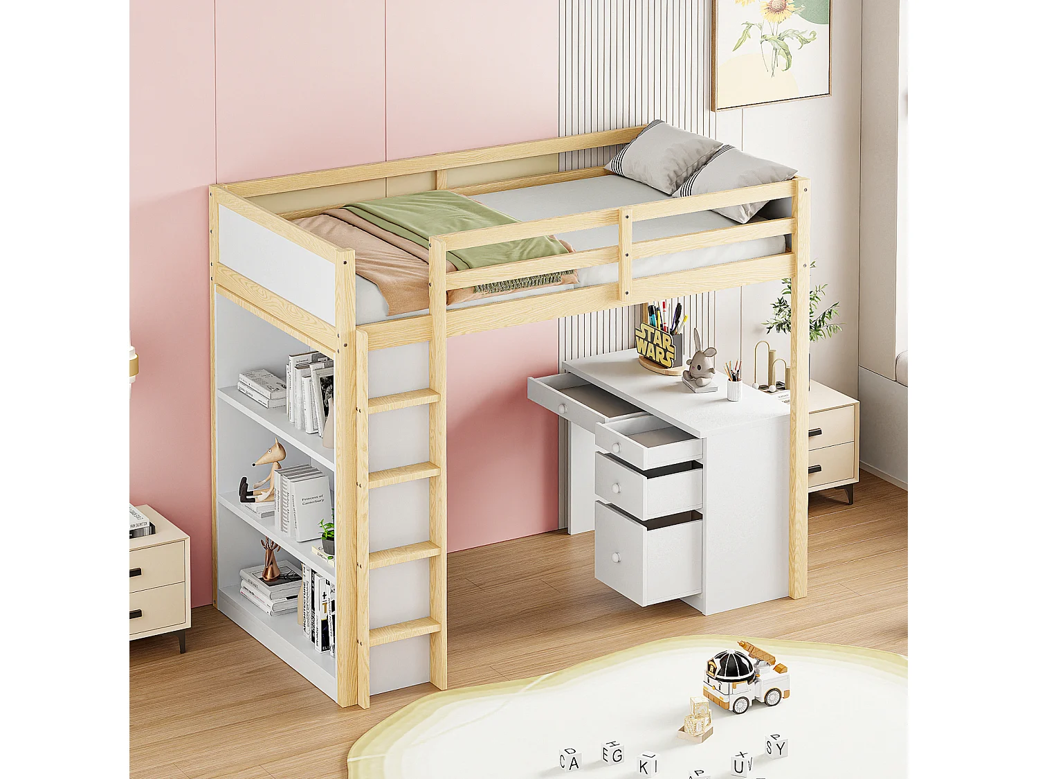 Lit mezzanine 90 x 200 cm avec armoires de rangement et table d'ordinateur, lit mezzanine enfant multifonctionnel en bois naturel