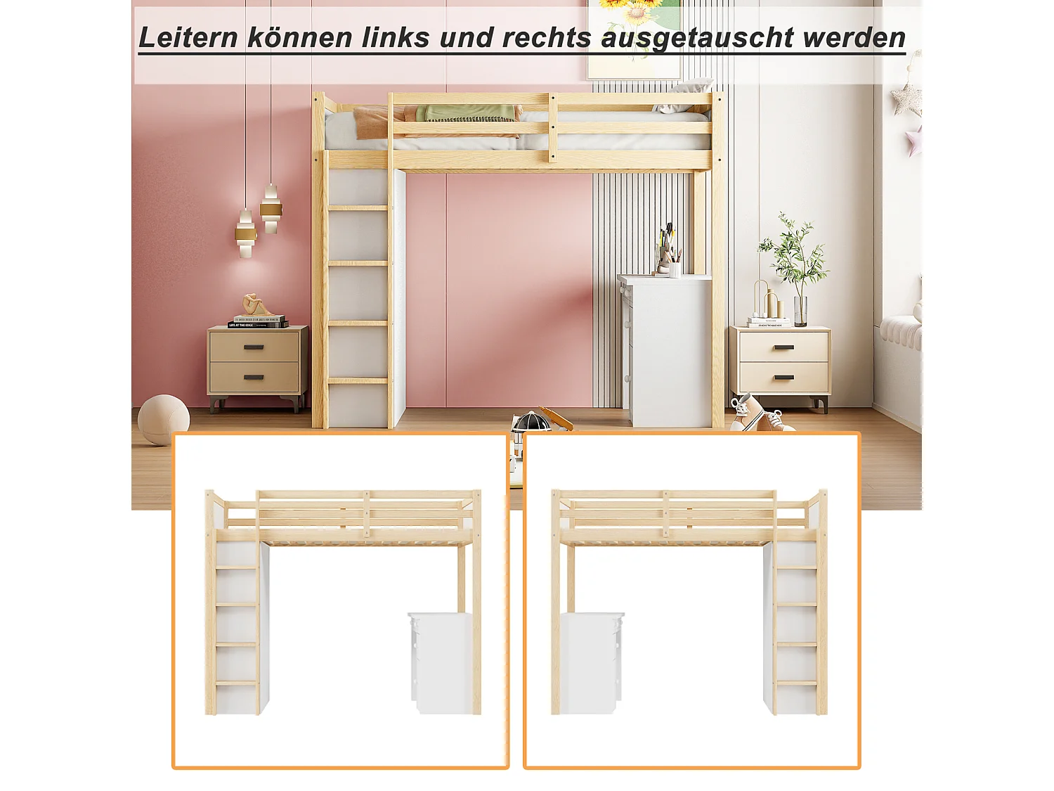 Lit mezzanine 90 x 200 cm avec armoires de rangement et table d'ordinateur, lit mezzanine enfant multifonctionnel en bois naturel