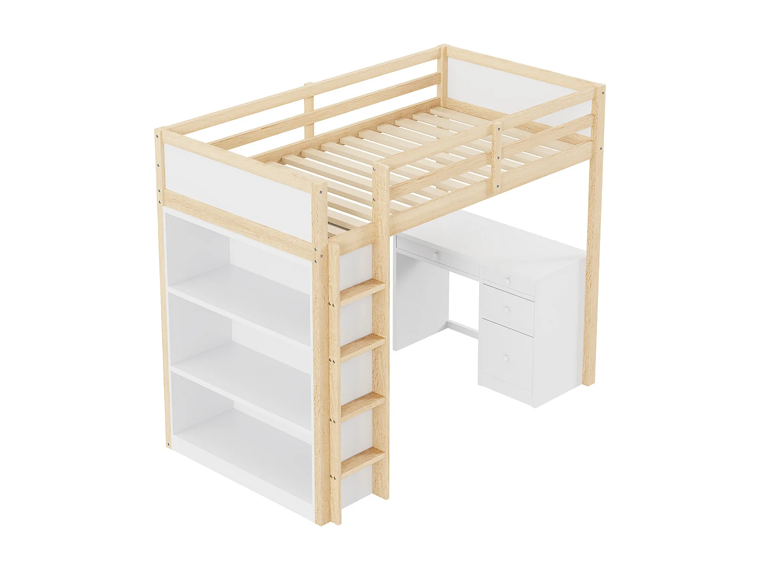 Lit mezzanine 90 x 200 cm avec armoires de rangement et table d'ordinateur, lit mezzanine enfant multifonctionnel en bois naturel