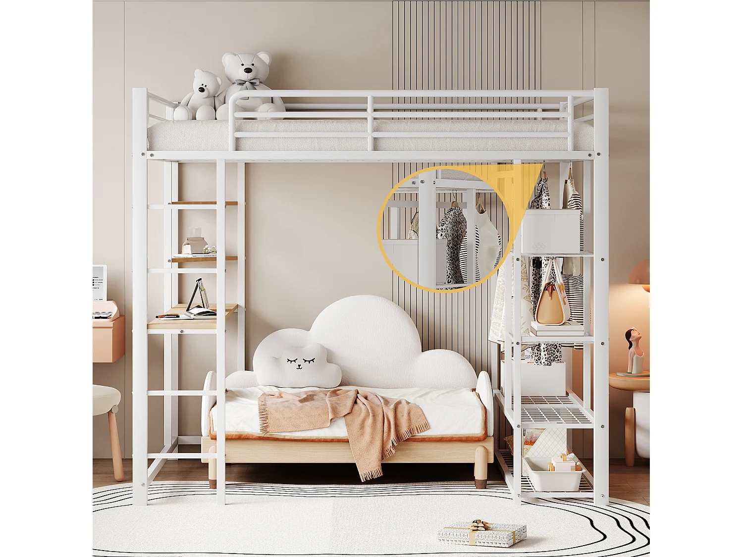 Lit mezzanine lit en fer/ lit en métal 90*200cm lit simple enfant avec compartiment de rangement table et sommier à lattes, blanc